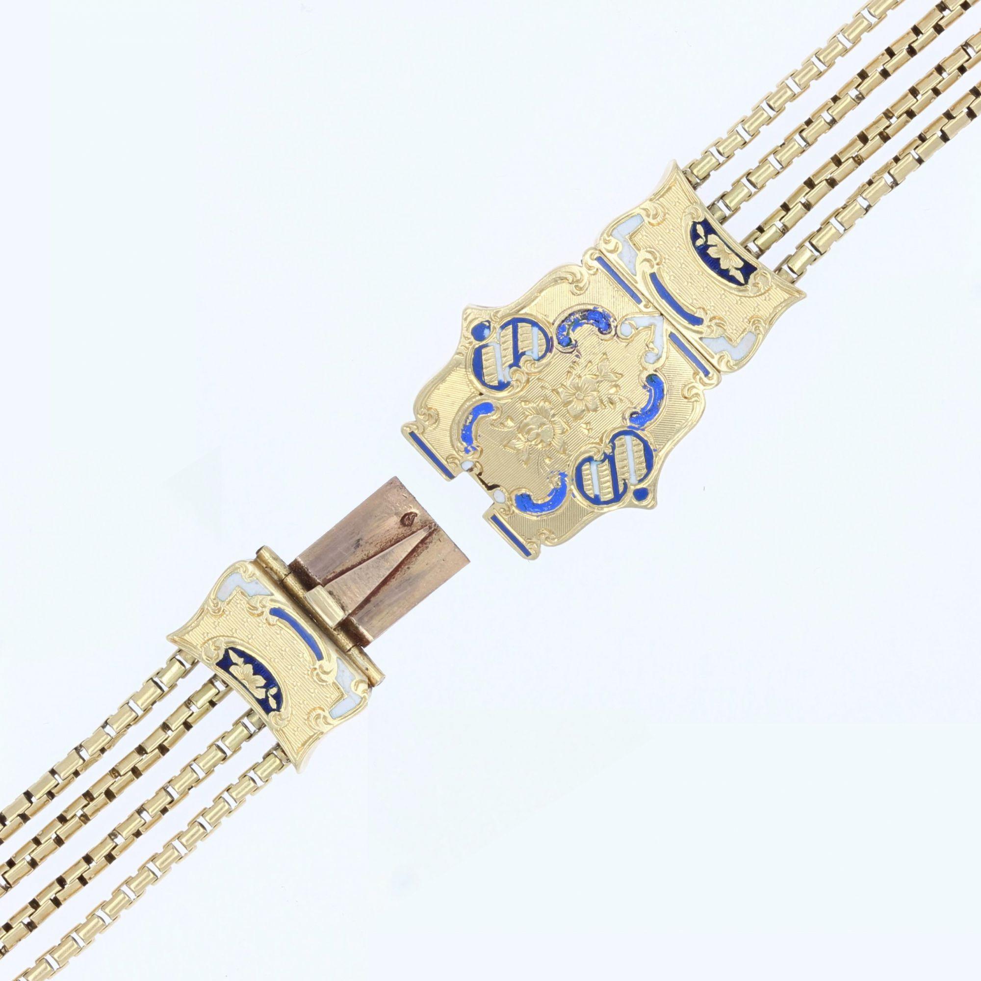 Bracelet français du 19ème siècle en or jaune 18 carats avec fermoir émaillé Bon état - En vente à Poitiers, FR