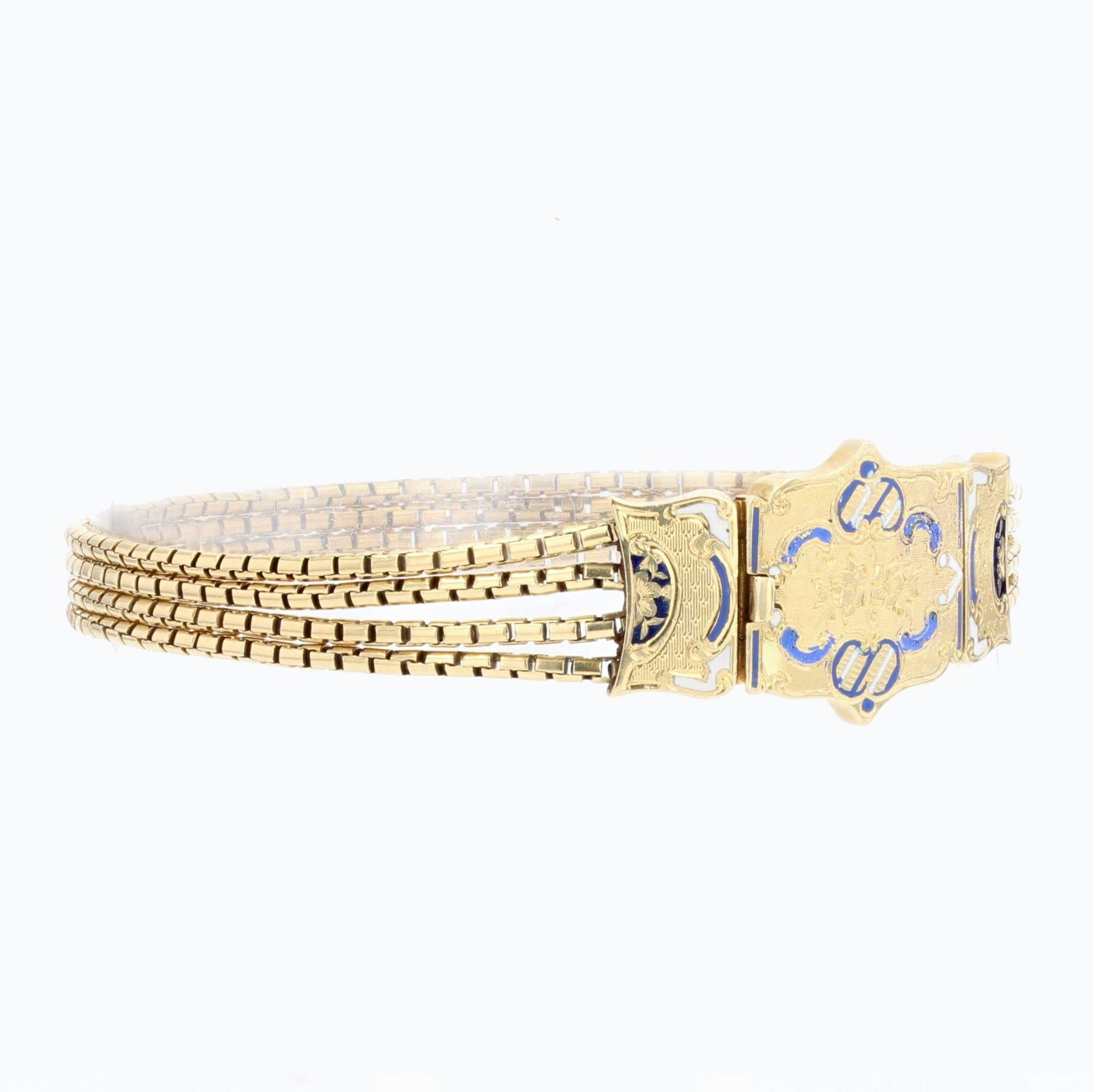 Bracelet français du 19ème siècle en or jaune 18 carats avec fermoir émaillé Pour femmes en vente