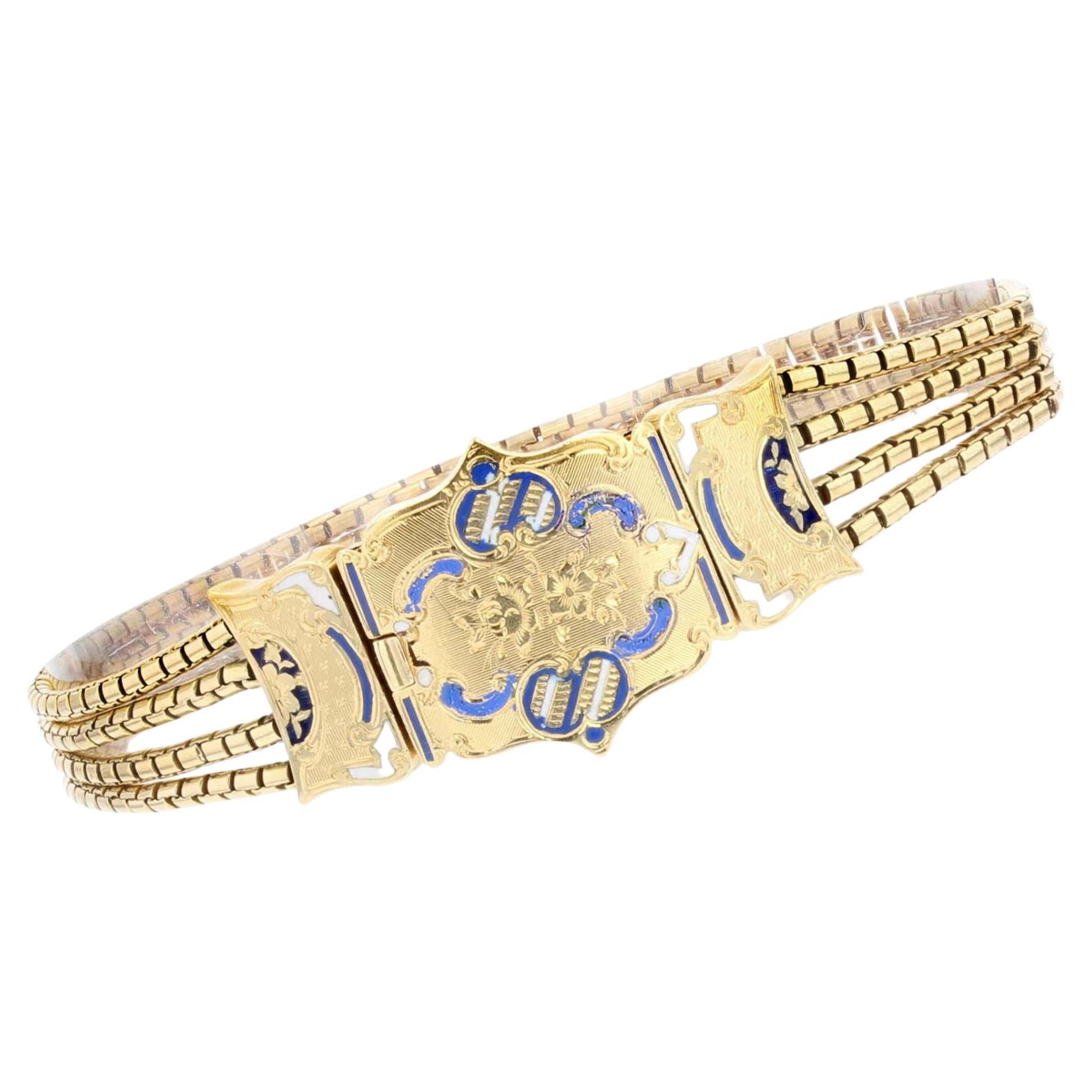 Bracelet français du 19ème siècle en or jaune 18 carats avec fermoir émaillé en vente