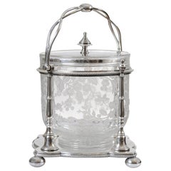 French 19th Century Etched Crystal and Silver Biscuit Barrel with Floral Decor