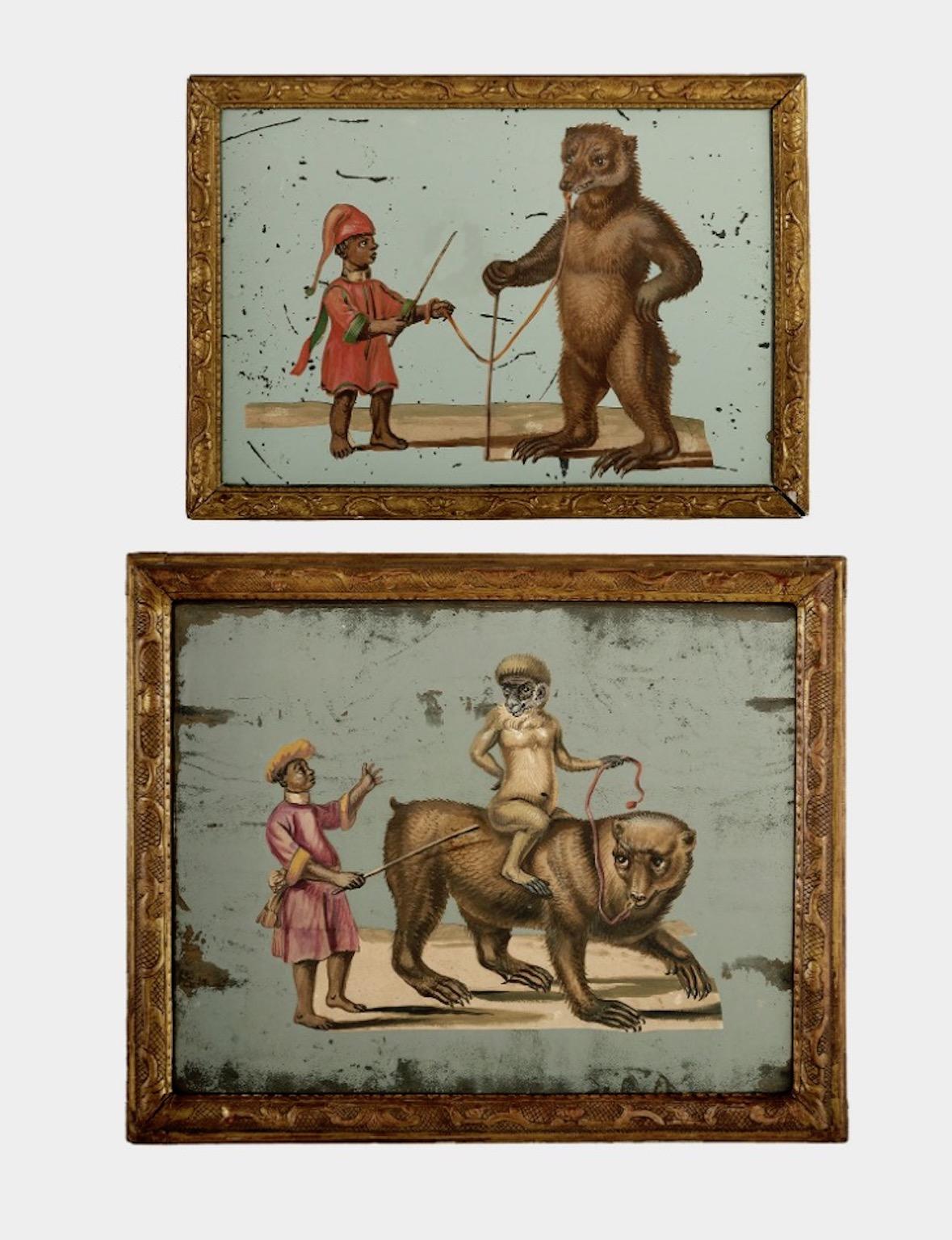 French 19th Century Exotic Hand Painted Decoupage Rococo Mirror Monkey and Bear 8