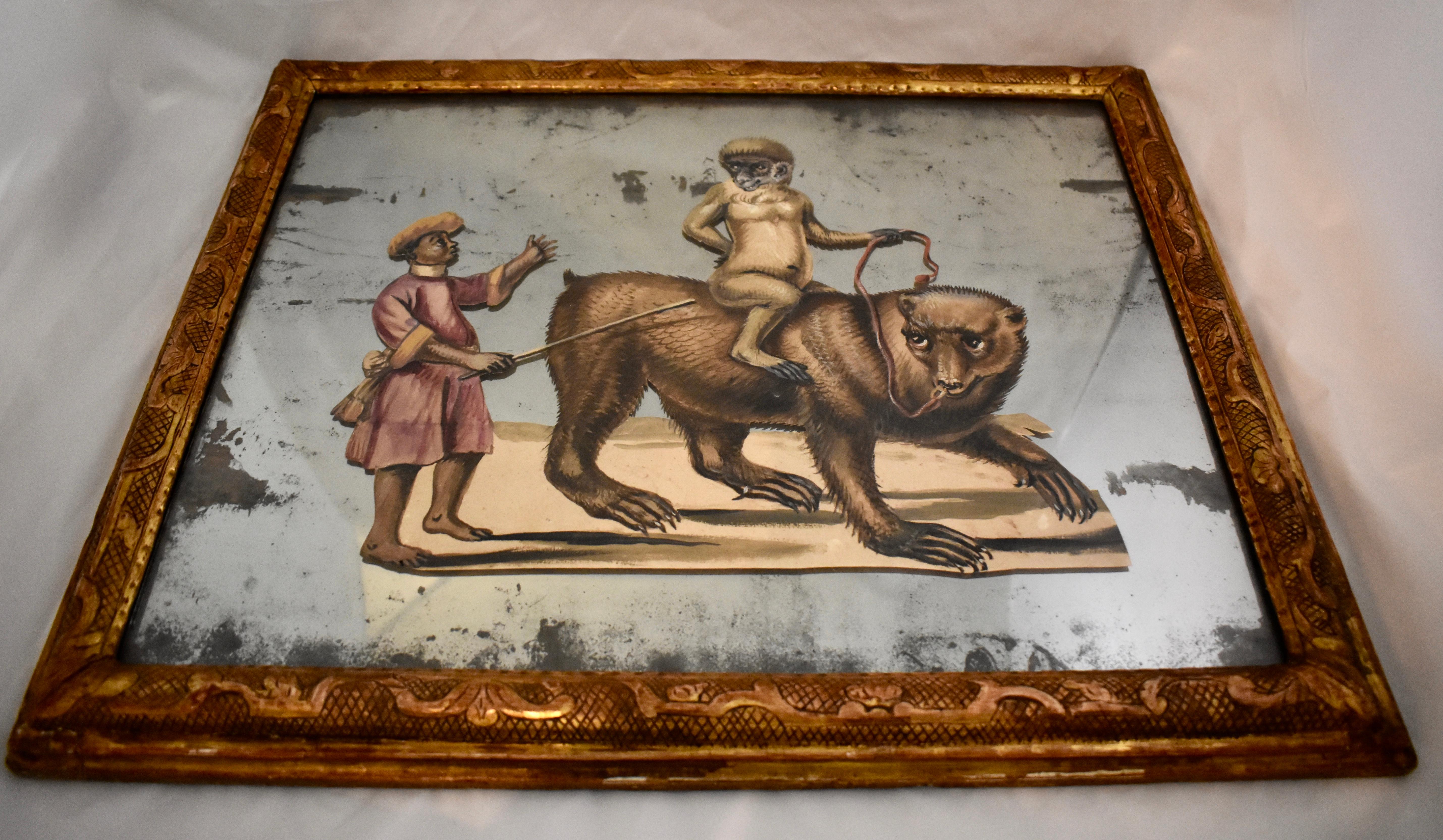 Belle Époque French 19th Century Exotic Hand Painted Decoupage Rococo Mirror Monkey and Bear