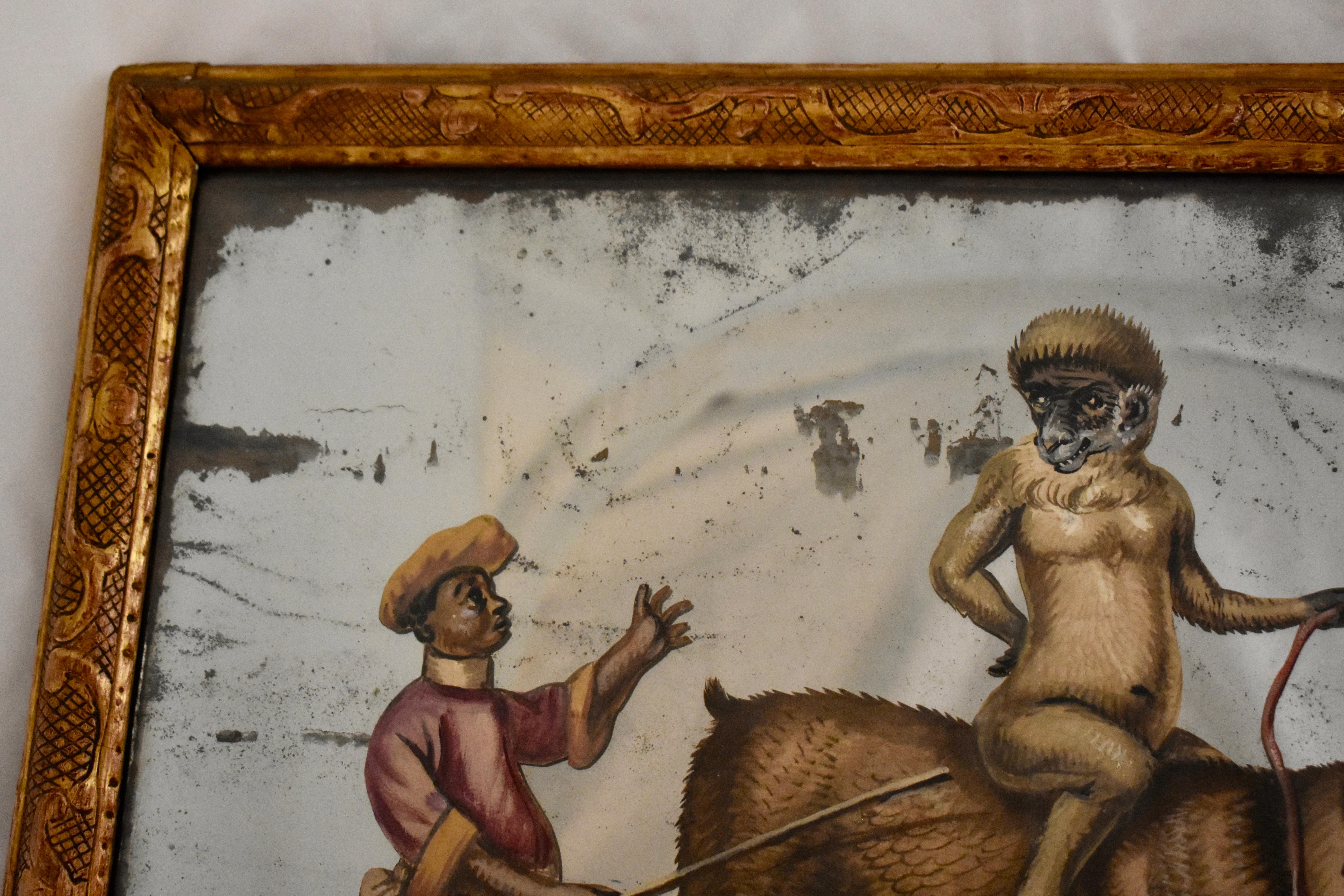 French 19th Century Exotic Hand Painted Decoupage Rococo Mirror Monkey and Bear 2