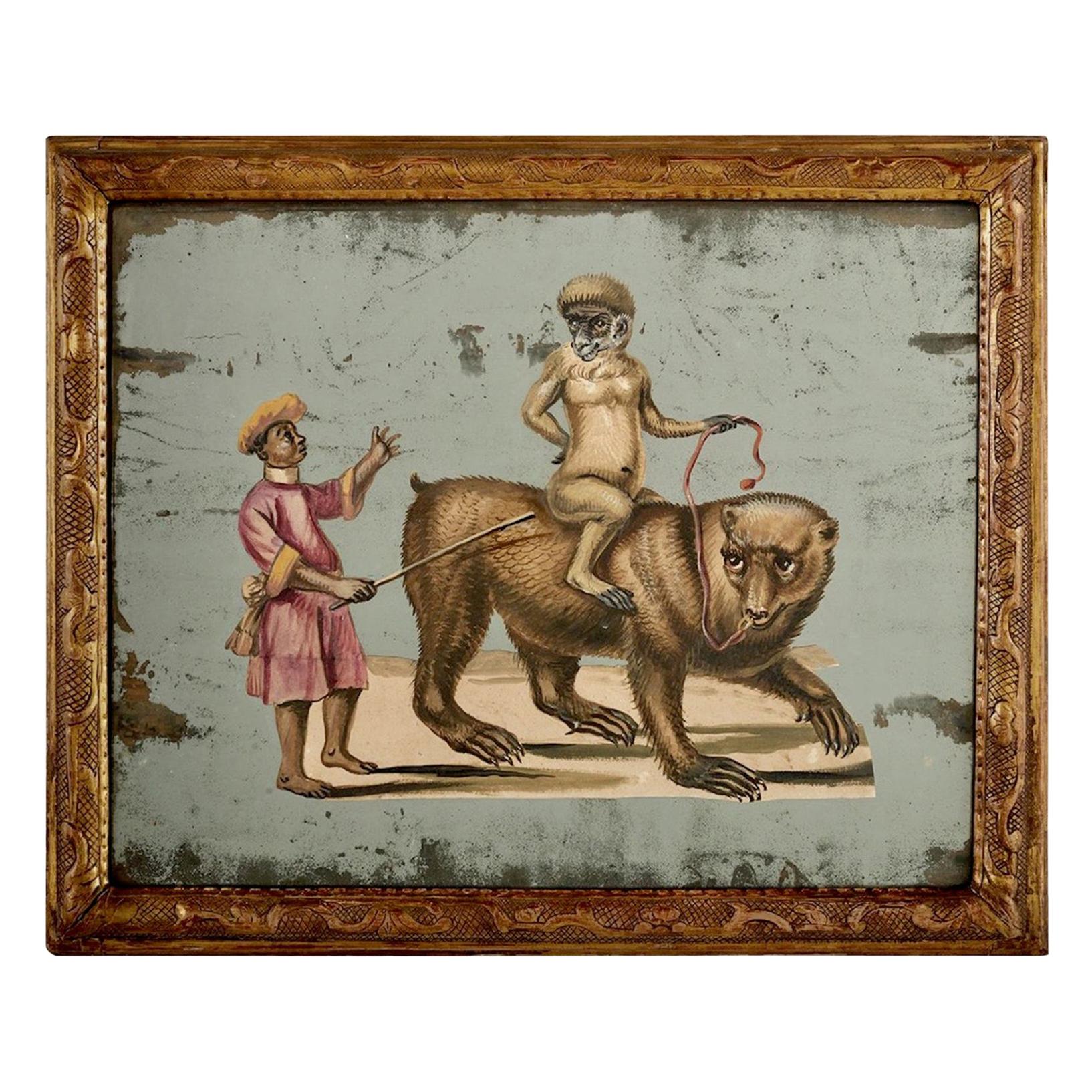 French 19th Century Exotic Hand Painted Decoupage Rococo Mirror Monkey and Bear