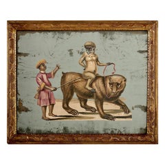 Antique French 19th Century Exotic Hand Painted Decoupage Rococo Mirror Monkey and Bear