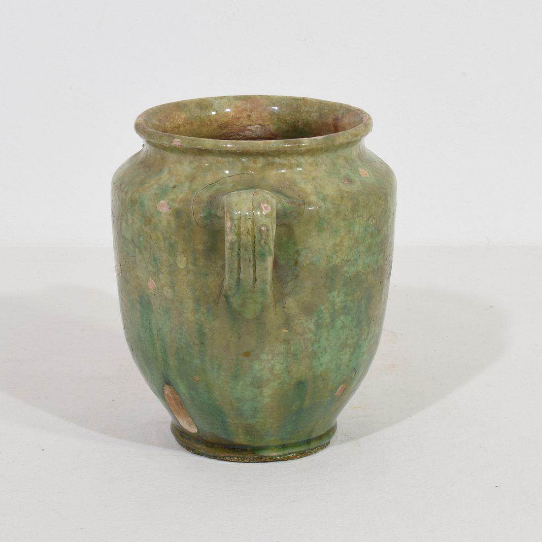 French Provincial French 19th Century Faded Green Glazed Ceramic Confit Jar For Sale