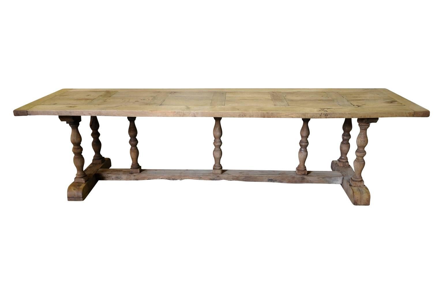 A very handsome later 19th century Baluster leg farm table, trestle table from the South of France. Soundly constructed from washed oak.