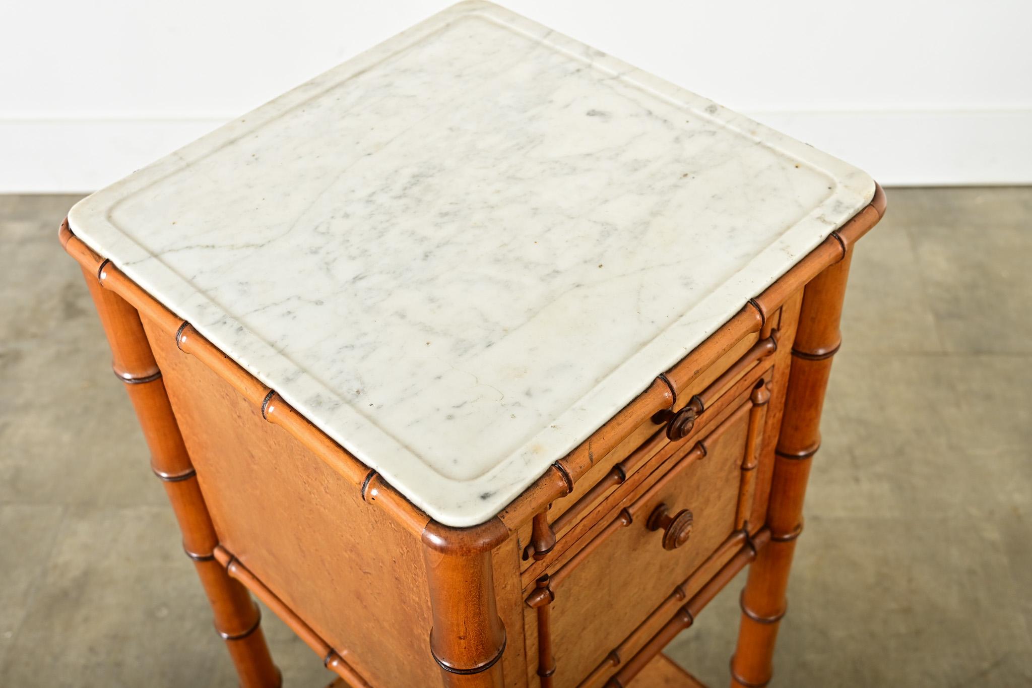 Marble French 19th Century Faux Bamboo Bedside Table For Sale