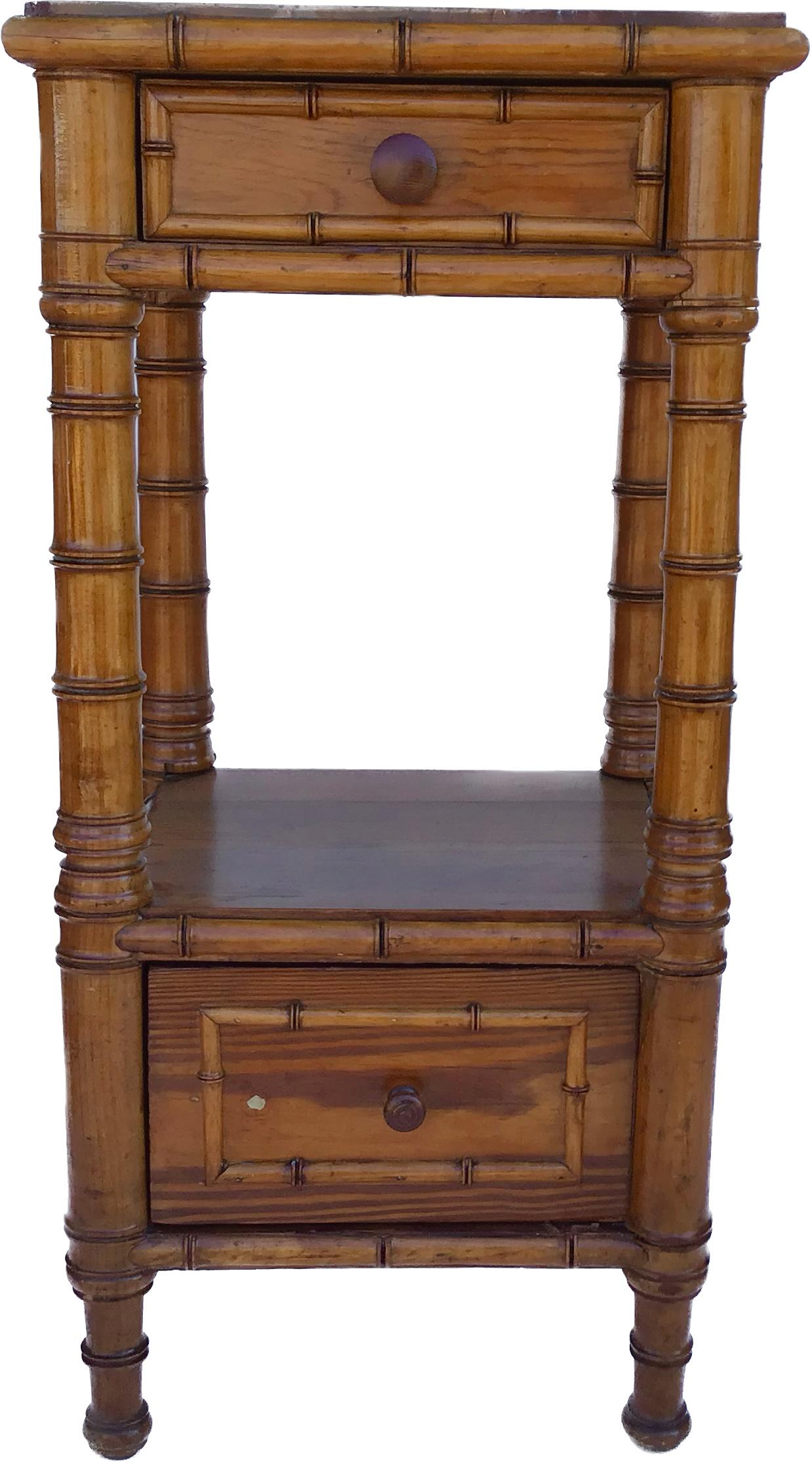 French Provincial French, 19th Century, Faux Bamboo Bedside Table with Marble Top