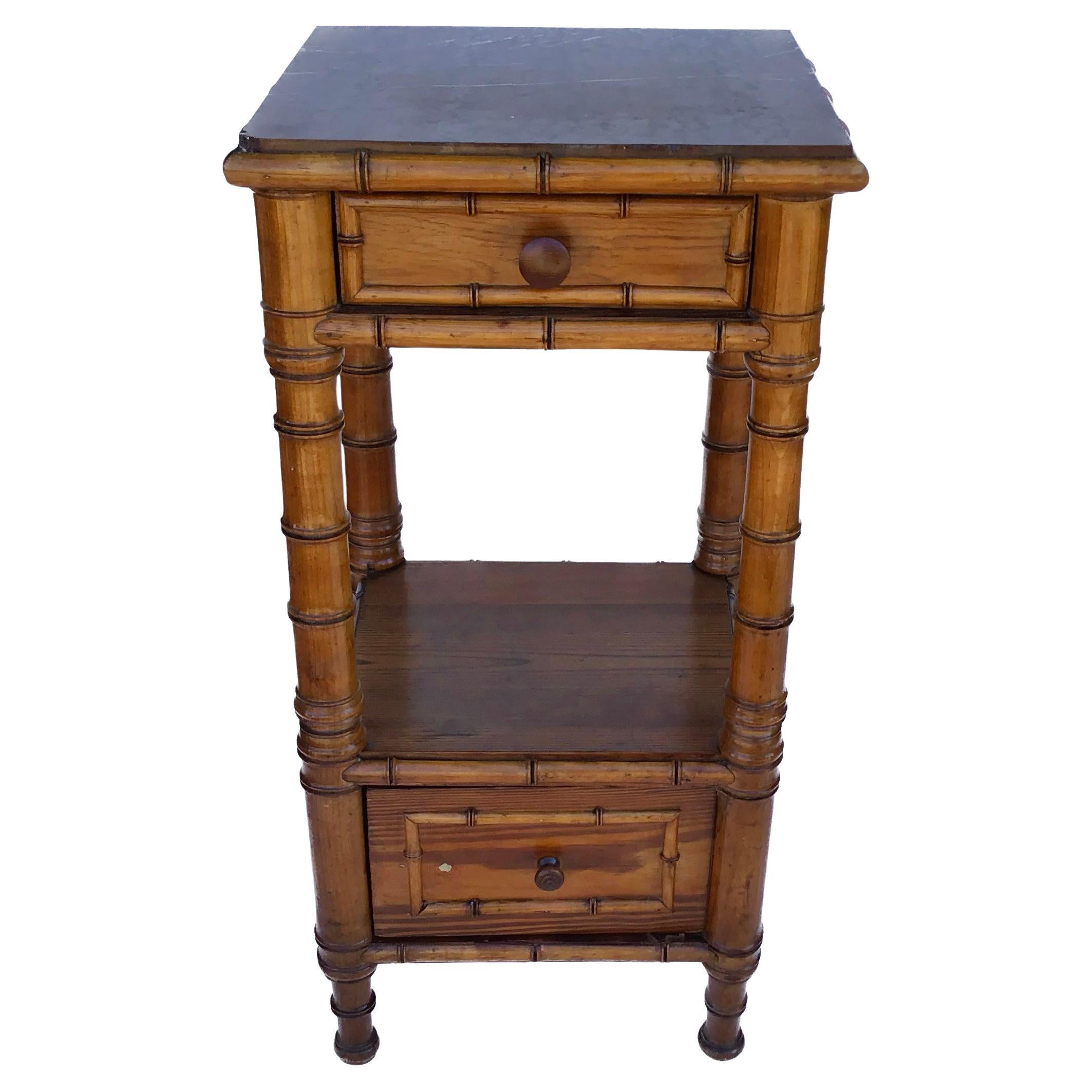 French, 19th Century, Faux Bamboo Bedside Table with Marble Top