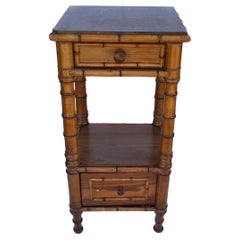 Antique French, 19th Century, Faux Bamboo Bedside Table with Marble Top