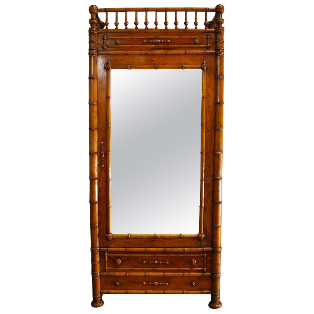 French 19th Century Faux Bamboo Cabinet with Mirrored Door