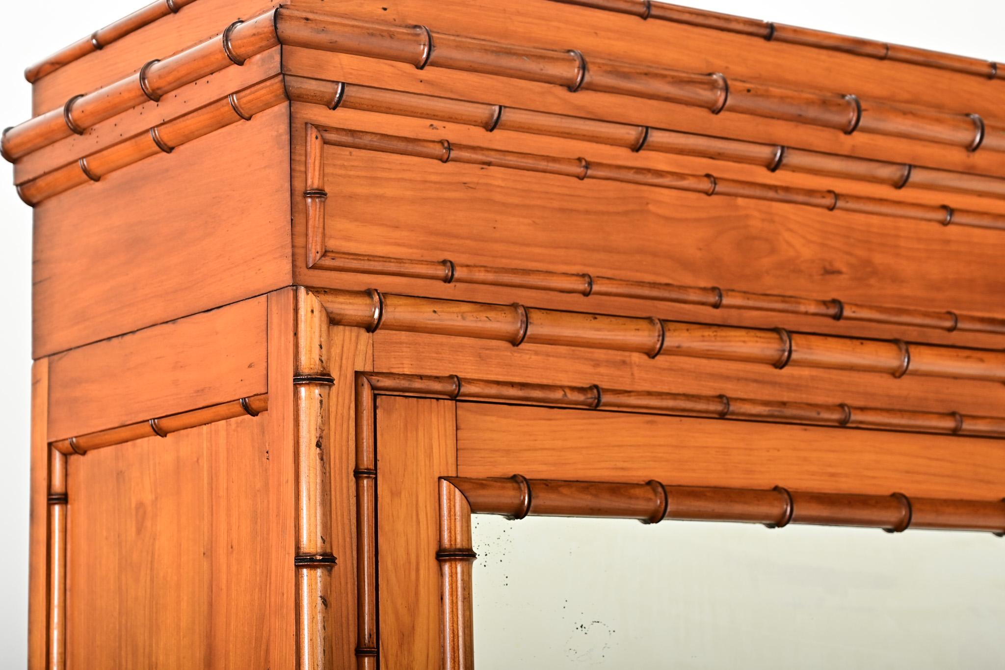 French 19th Century Faux Bamboo Pine & Mirror Armoire For Sale 8