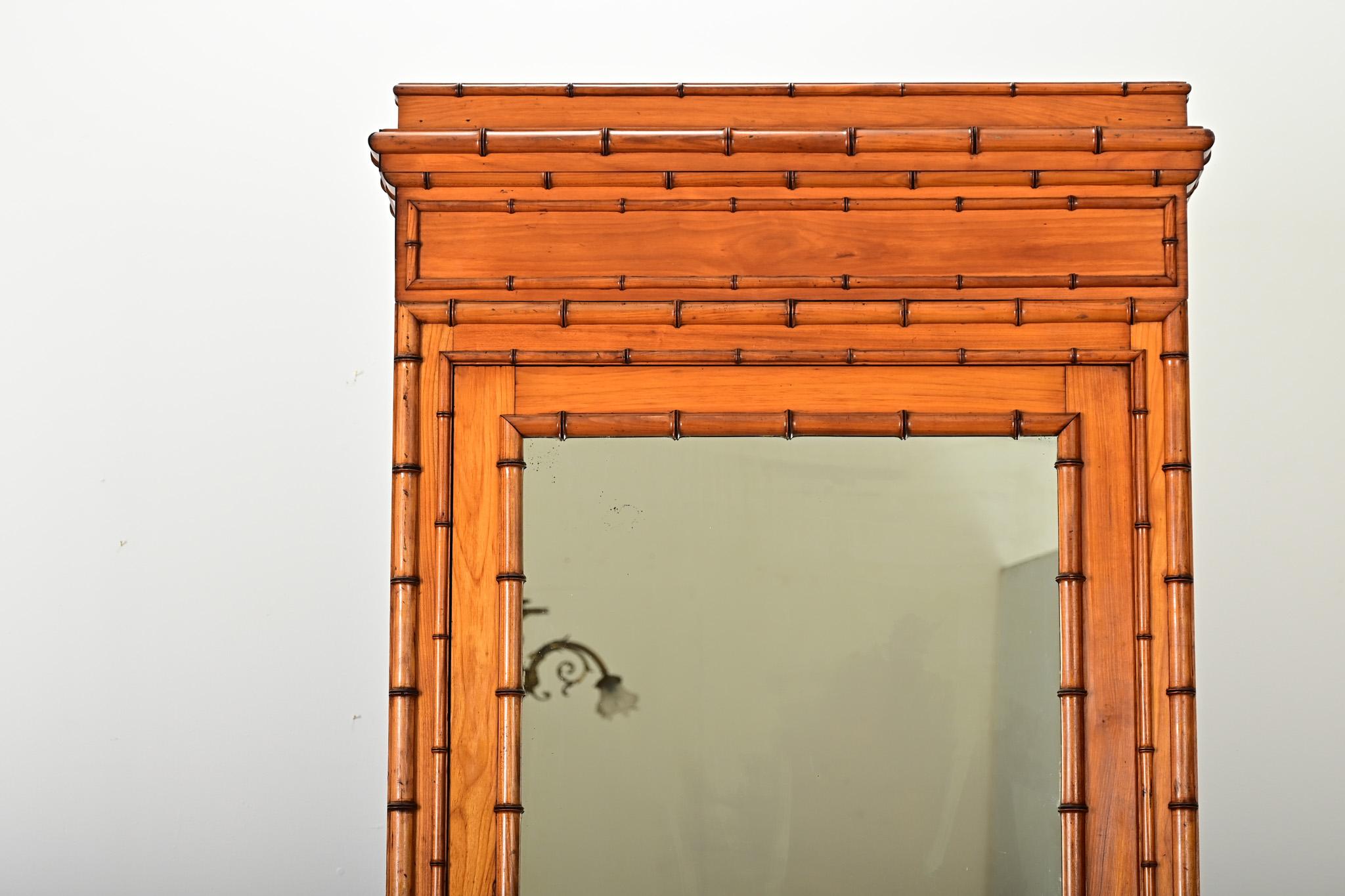Carved French 19th Century Faux Bamboo Pine & Mirror Armoire For Sale