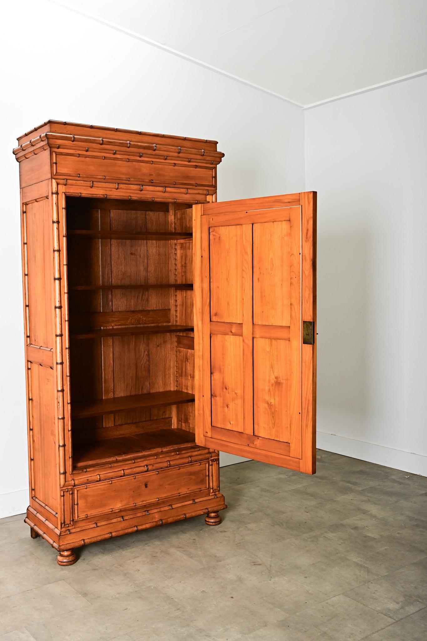 French 19th Century Faux Bamboo Pine & Mirror Armoire In Good Condition For Sale In Baton Rouge, LA