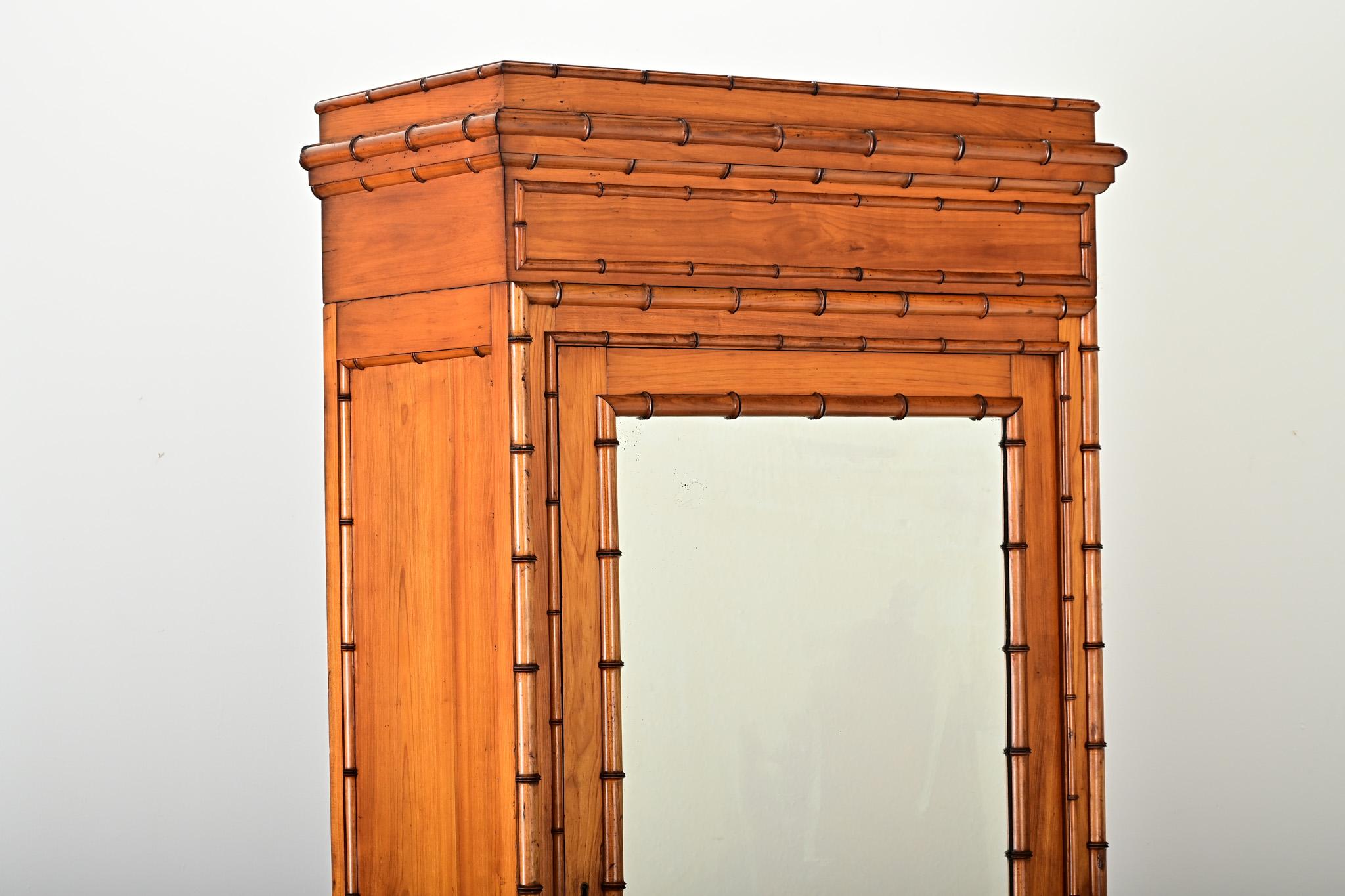 French 19th Century Faux Bamboo Pine & Mirror Armoire For Sale 1