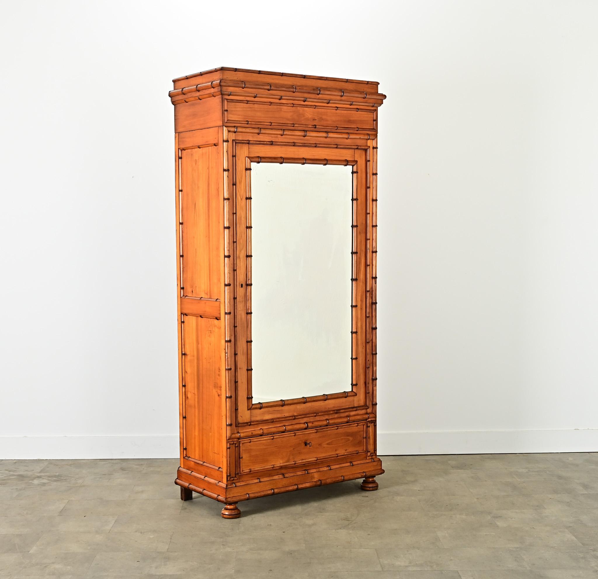 French 19th Century Faux Bamboo Pine & Mirror Armoire For Sale 2