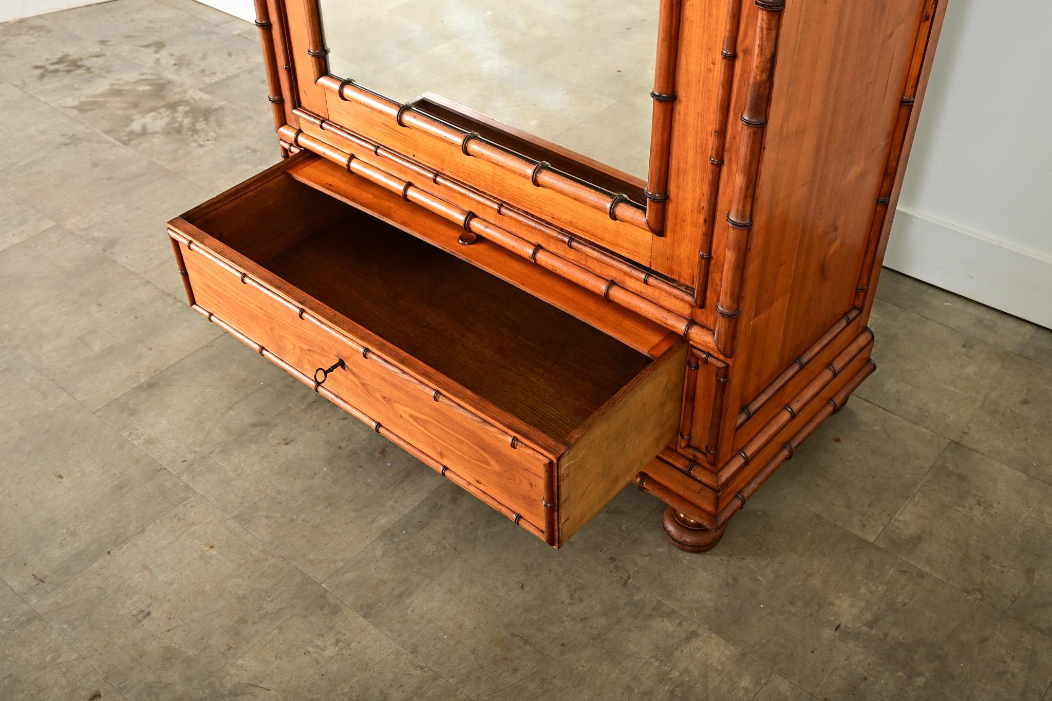 French 19th Century Faux Bamboo Pine & Mirror Armoire For Sale 3