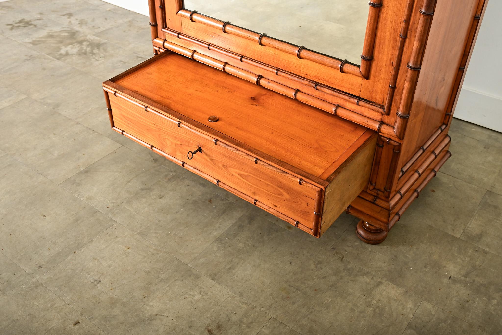 French 19th Century Faux Bamboo Pine & Mirror Armoire For Sale 4