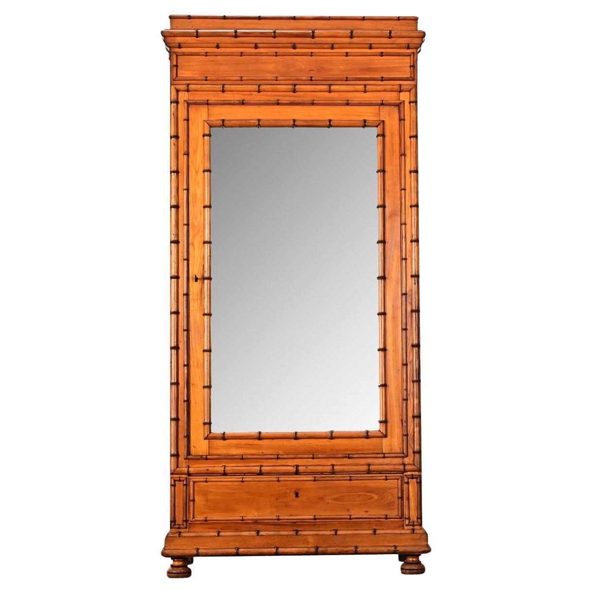 French 19th Century Faux Bamboo Pine & Mirror Armoire For Sale