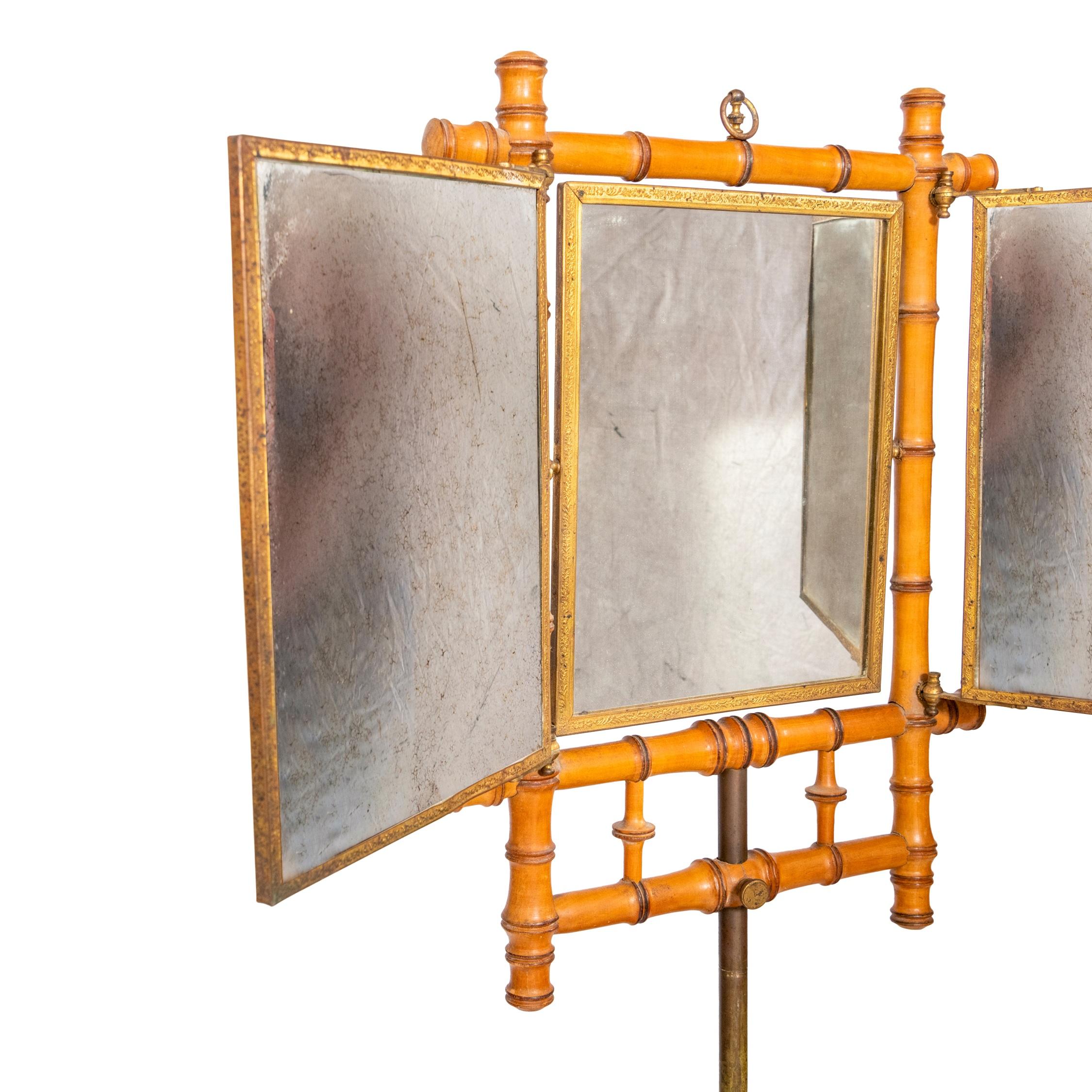 Early 20th Century French 19th Century Faux Bamboo Triptych Mirror on Stand For Sale