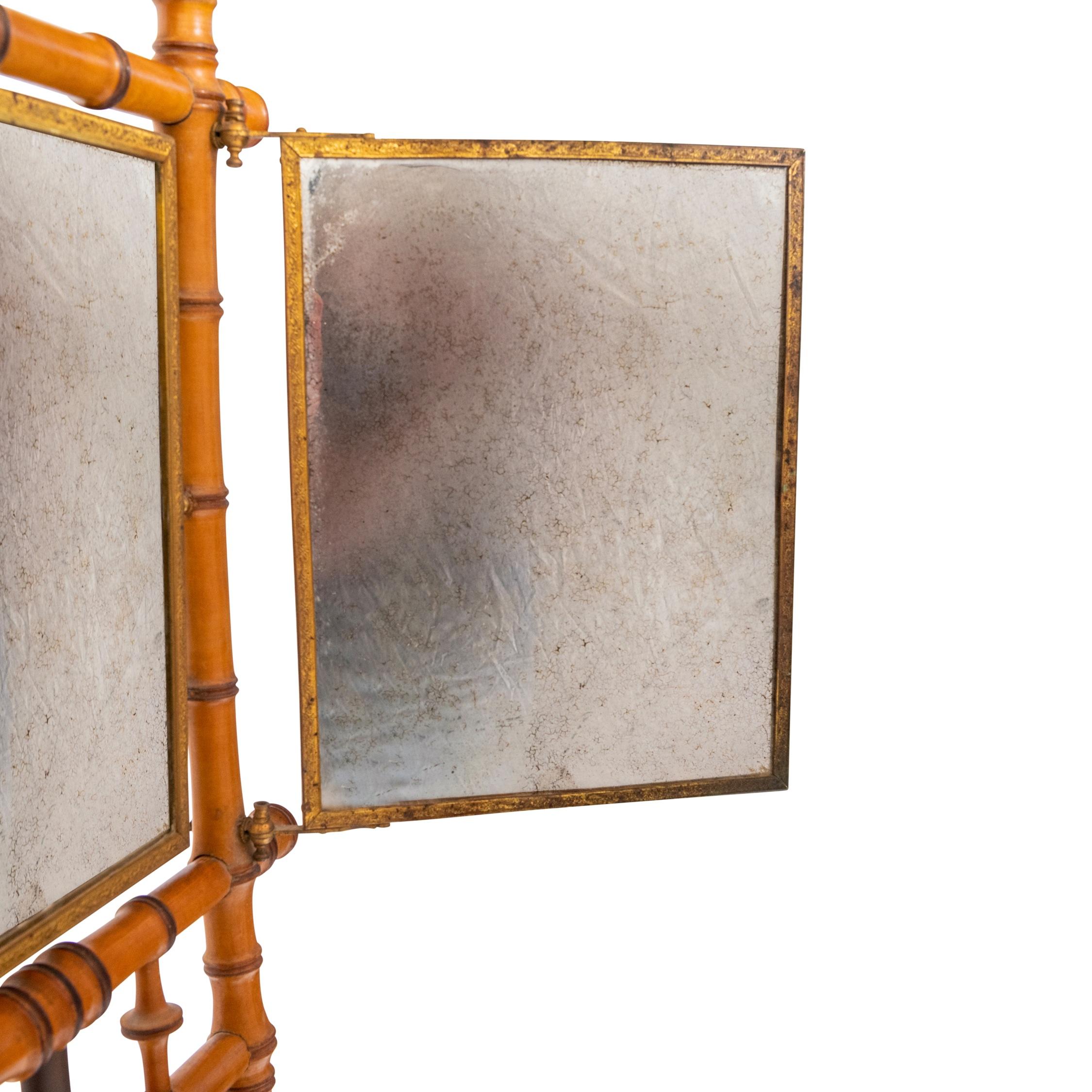 French 19th Century Faux Bamboo Triptych Mirror on Stand For Sale 1