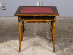 French 19th Century Faux Bamboo Writing Table with Painted Leather Top