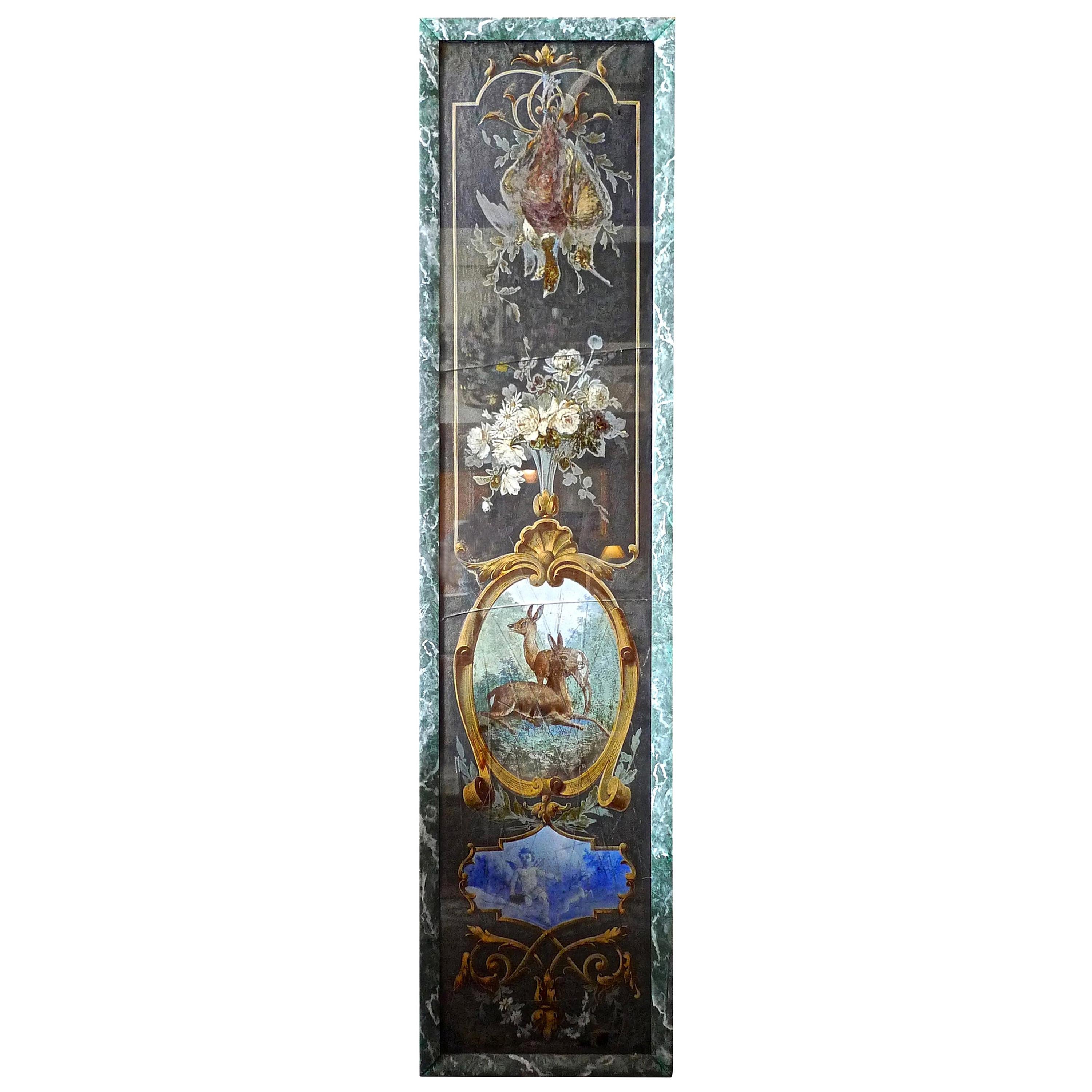 French 19th century faux marble hand painted wood framed painting. The glass is both cracked and scratched. Sold as is.
 