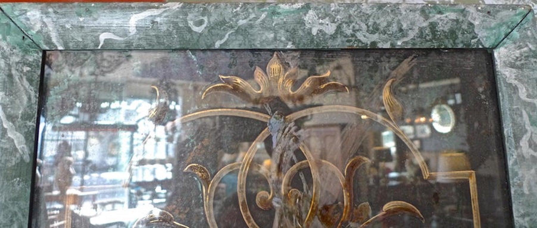 French 19th century faux marble hand painted wood framed painting. The glass is both cracked and scratched. Sold as is.
 
