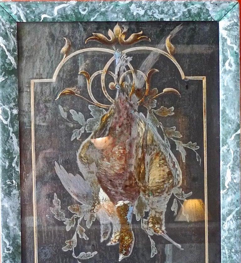 French 19th Century Faux Marble Hand Painted Framed Painting, Glass is Cracked In Distressed Condition For Sale In Santa Monica, CA
