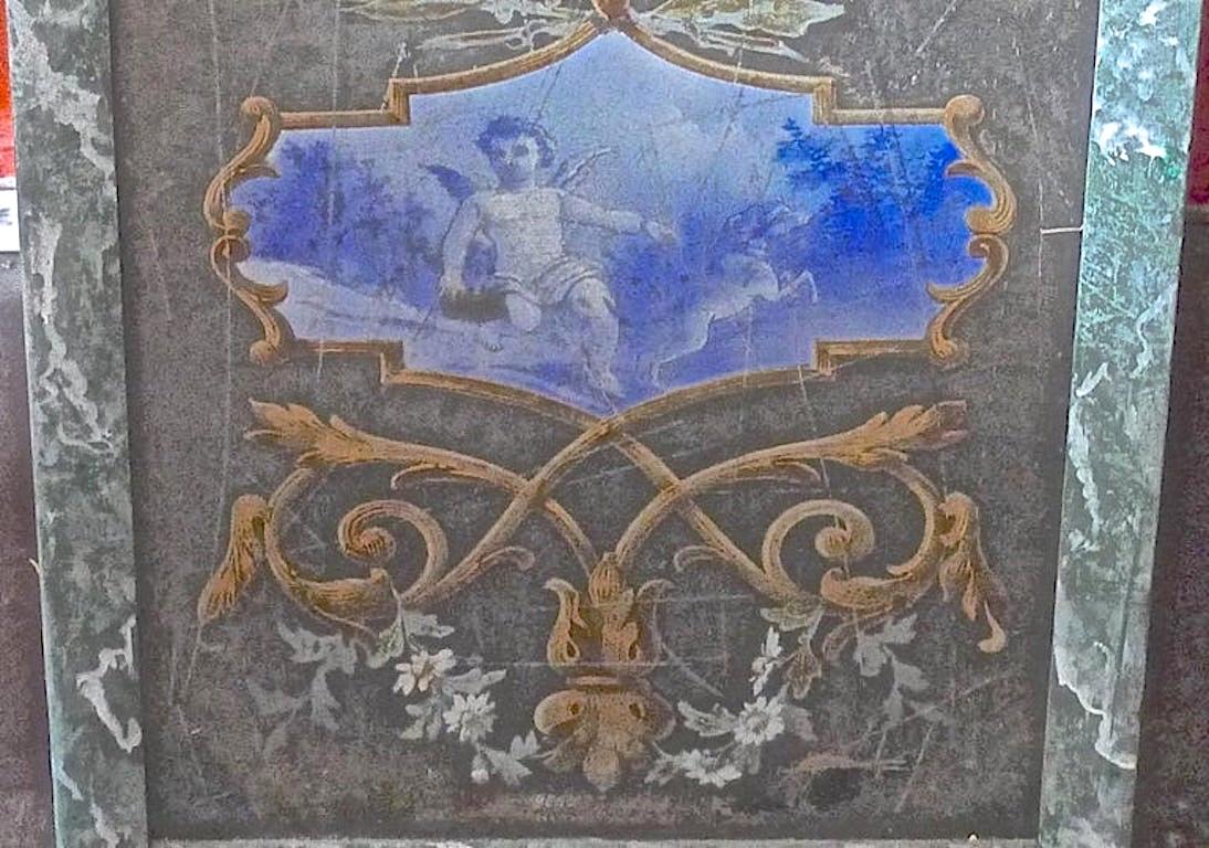 Bois Peinture française du 19ème siècle encadrée et peinte à la main en faux marbre, verre est arraché en vente
