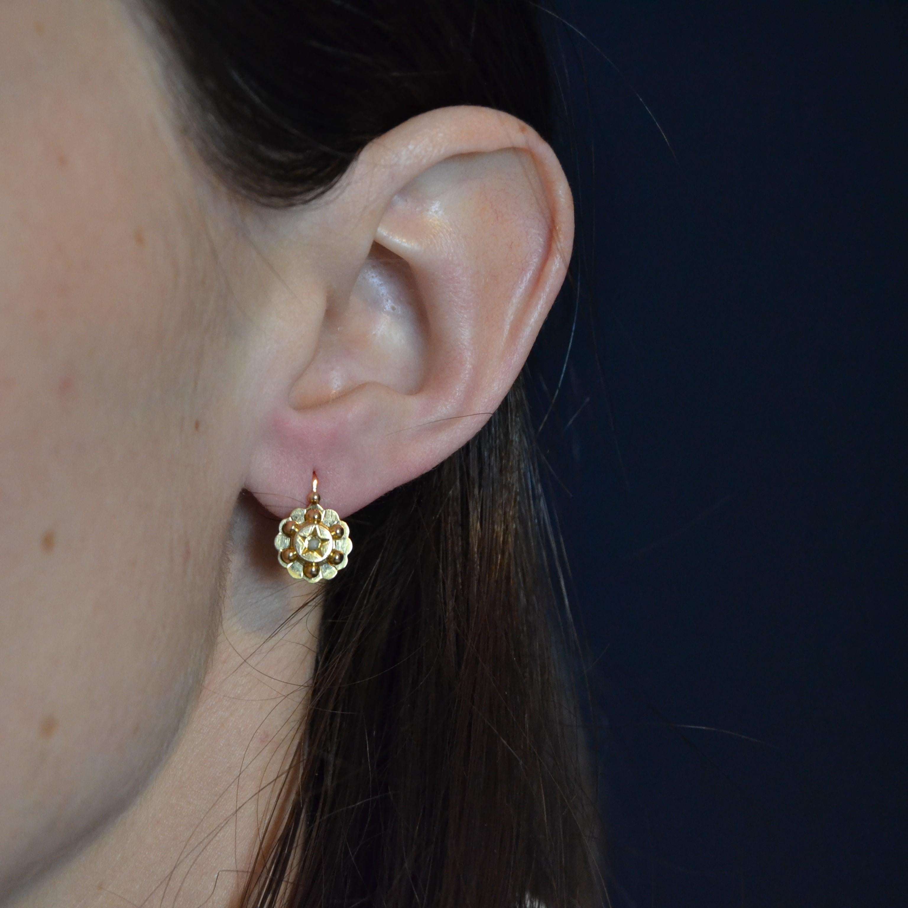 Bead French 19th Century Fine Half-Pearl 18 Karat Rose Gold Lever- Back Earrings