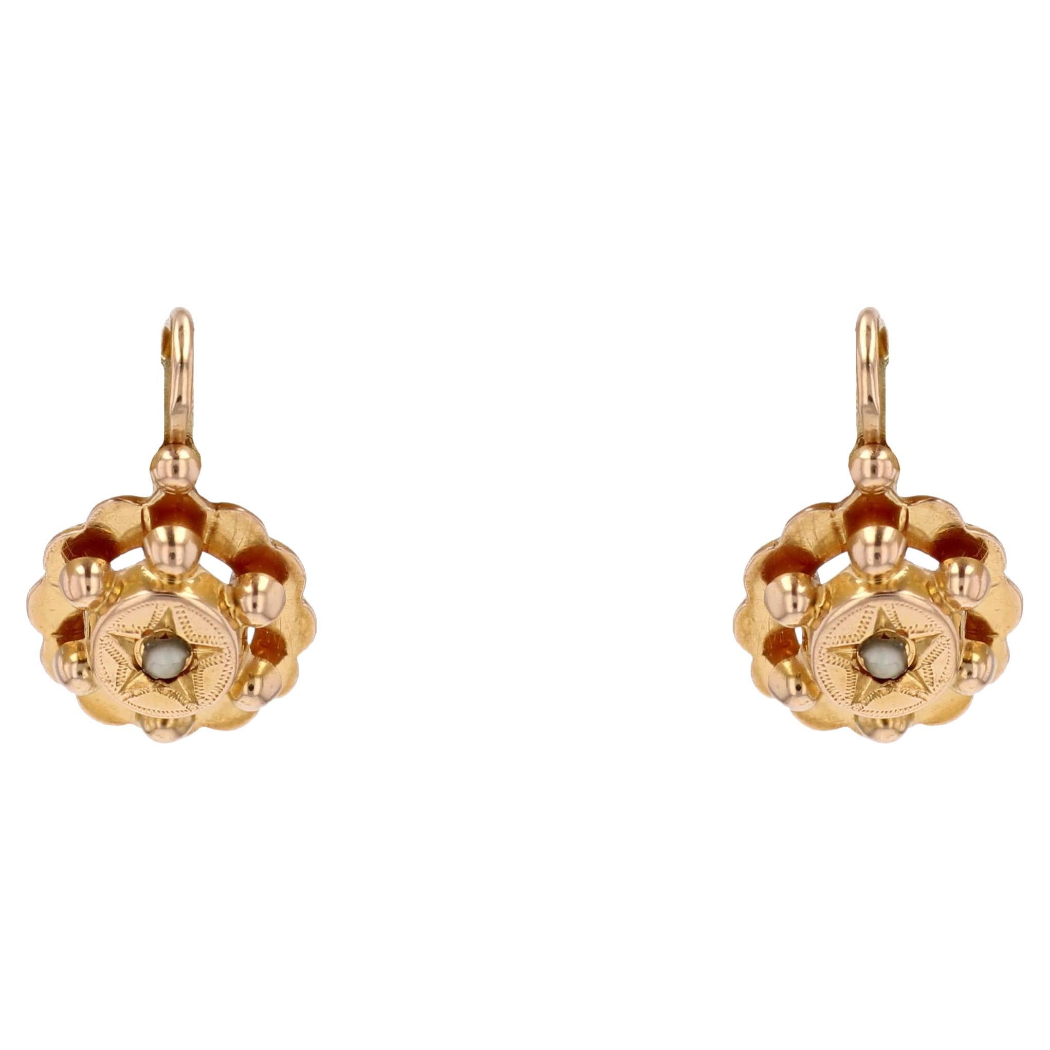 French 19th Century Fine Half-Pearl 18 Karat Rose Gold Lever- Back Earrings