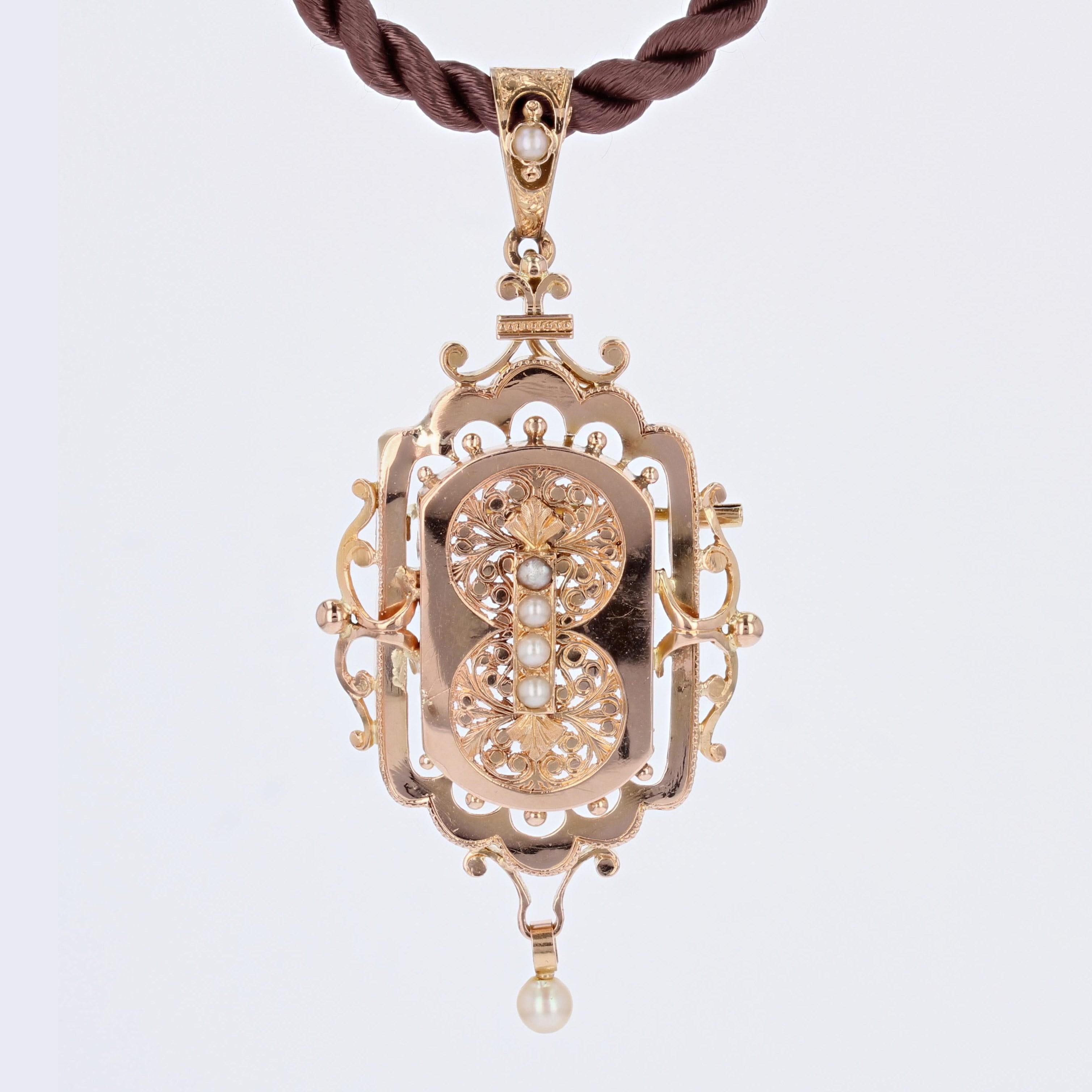 Bead French, 19th Century, Fine Pearl 18 Karat Rose Gold Brooch Pendant