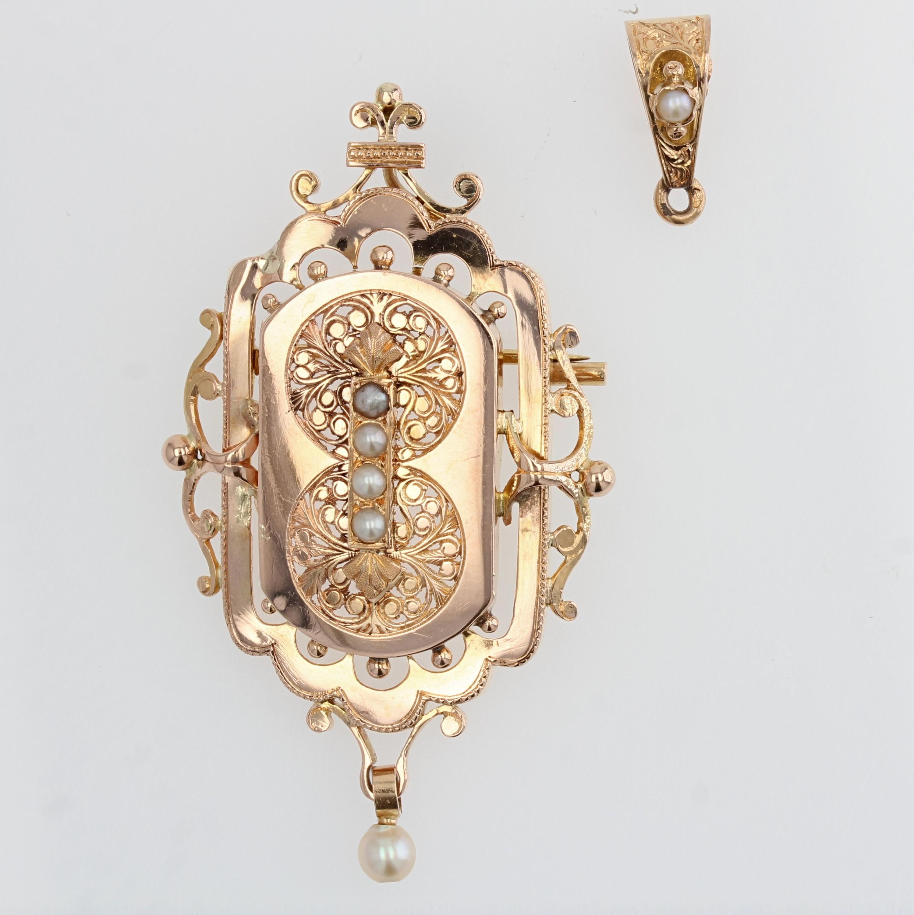 French, 19th Century, Fine Pearl 18 Karat Rose Gold Brooch Pendant In Good Condition In Poitiers, FR