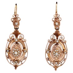 Pendientes colgantes franceses de oro rosa de 18 quilates y perlas finas del siglo XIX