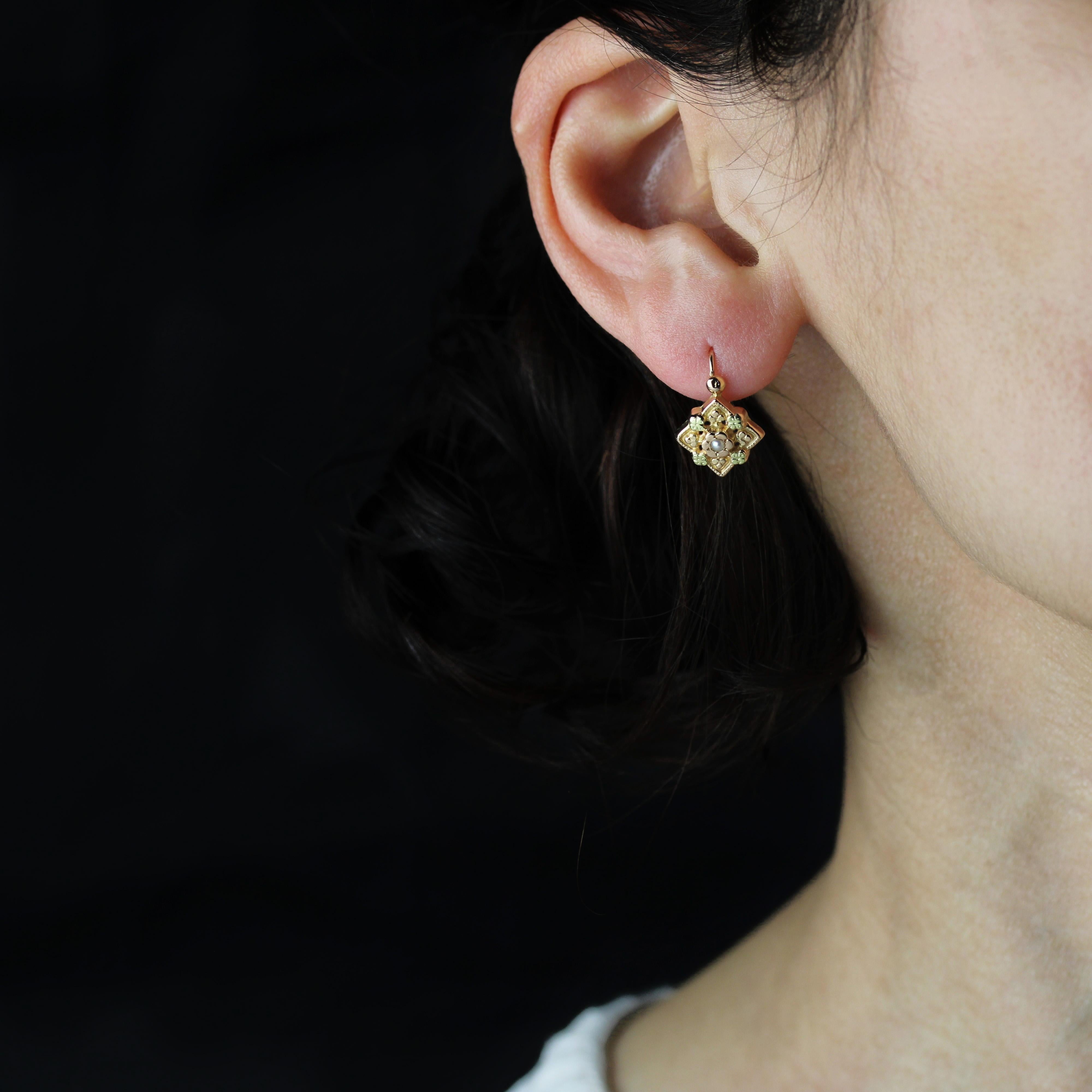 For pierced ears.
Earrings in 18 karat rose and green gold, eagle head hallmark.
A charming pair of antique earrings, they form an openwork lozenge in rose gold decorated with plant motifs, including 4 in green gold. The center is adorned