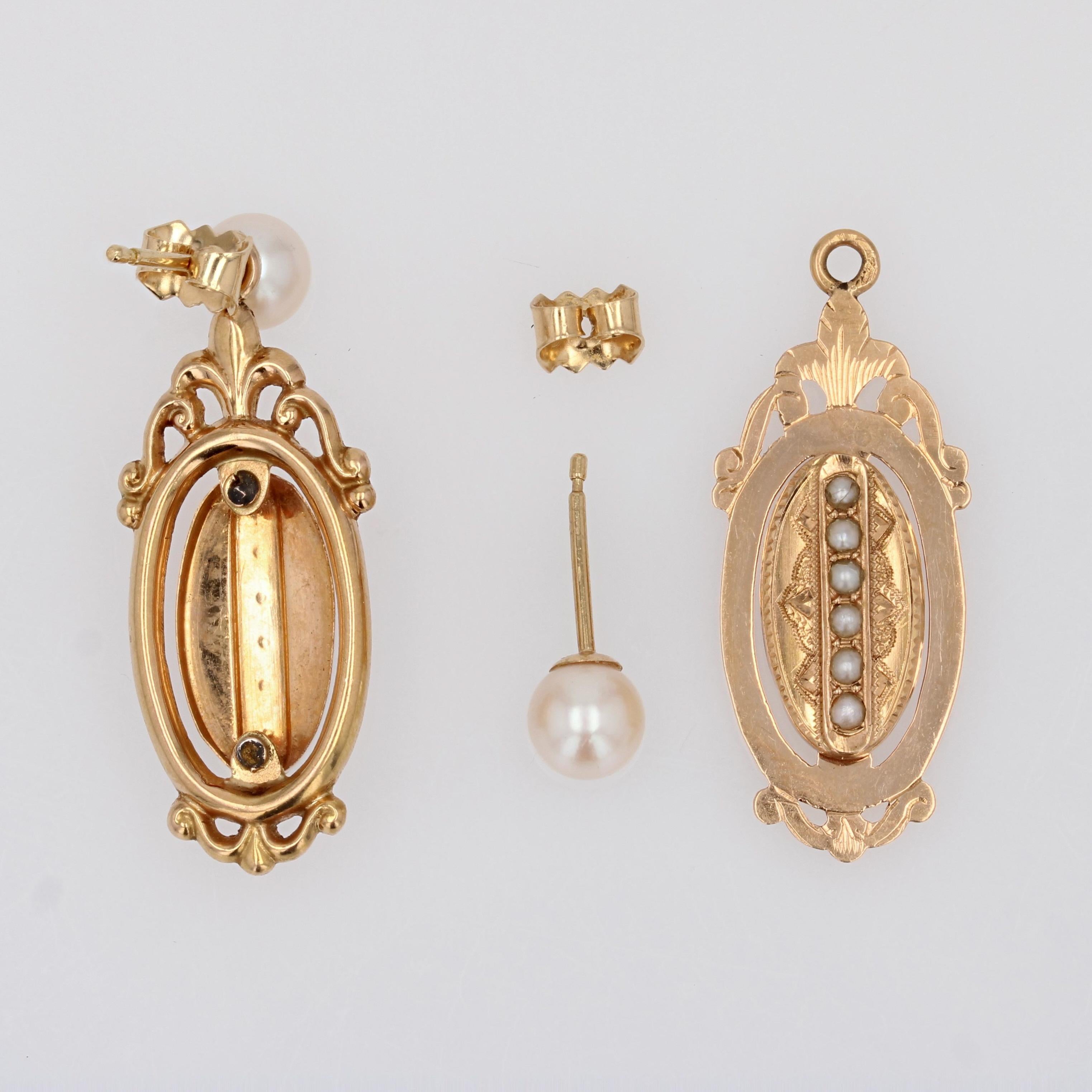 French 19th Century Fine Pearl 18 Karat Rose Gold Stud Removable Dangle Earrings For Sale 2