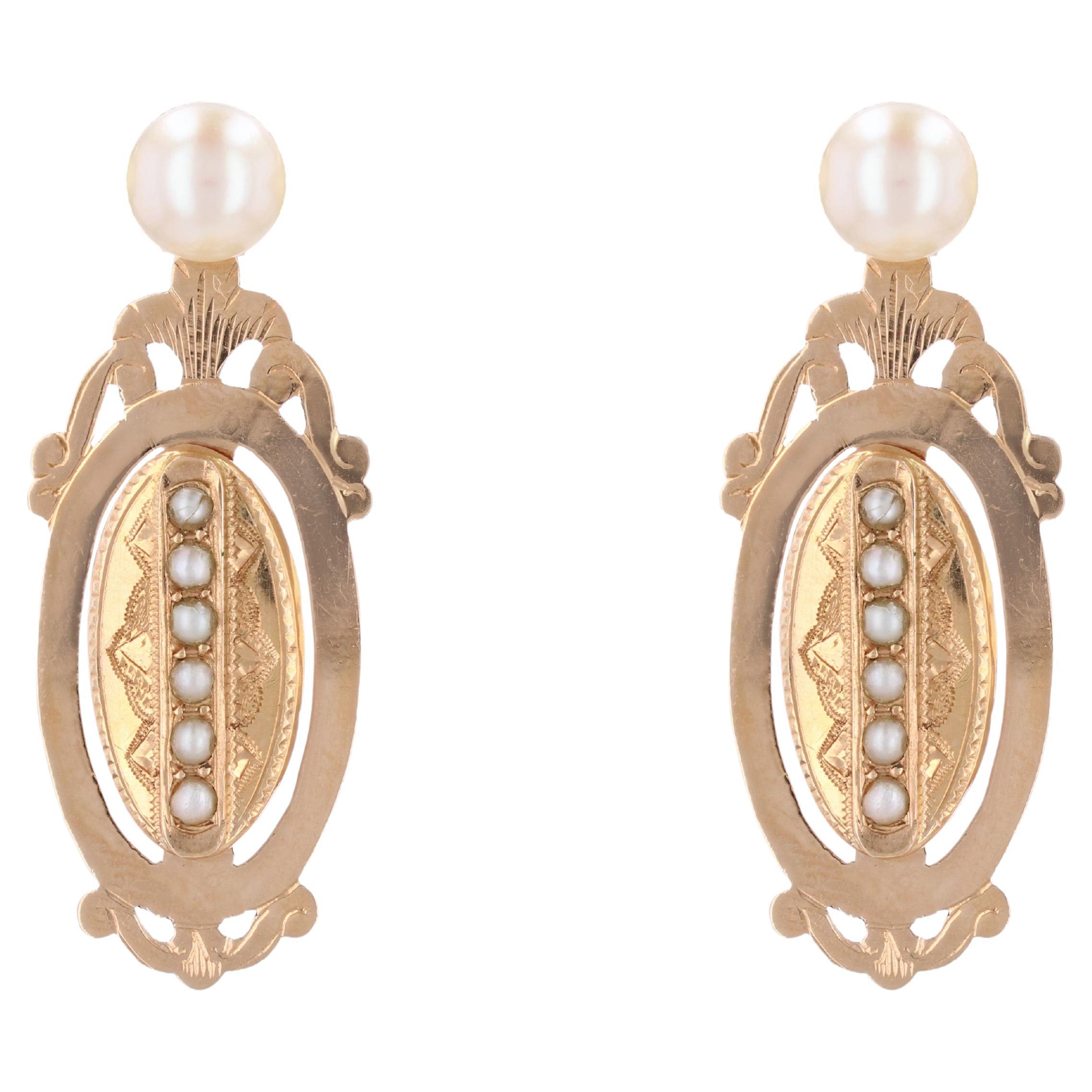 French 19th Century Fine Pearl 18 Karat Rose Gold Stud Removable Dangle Earrings For Sale