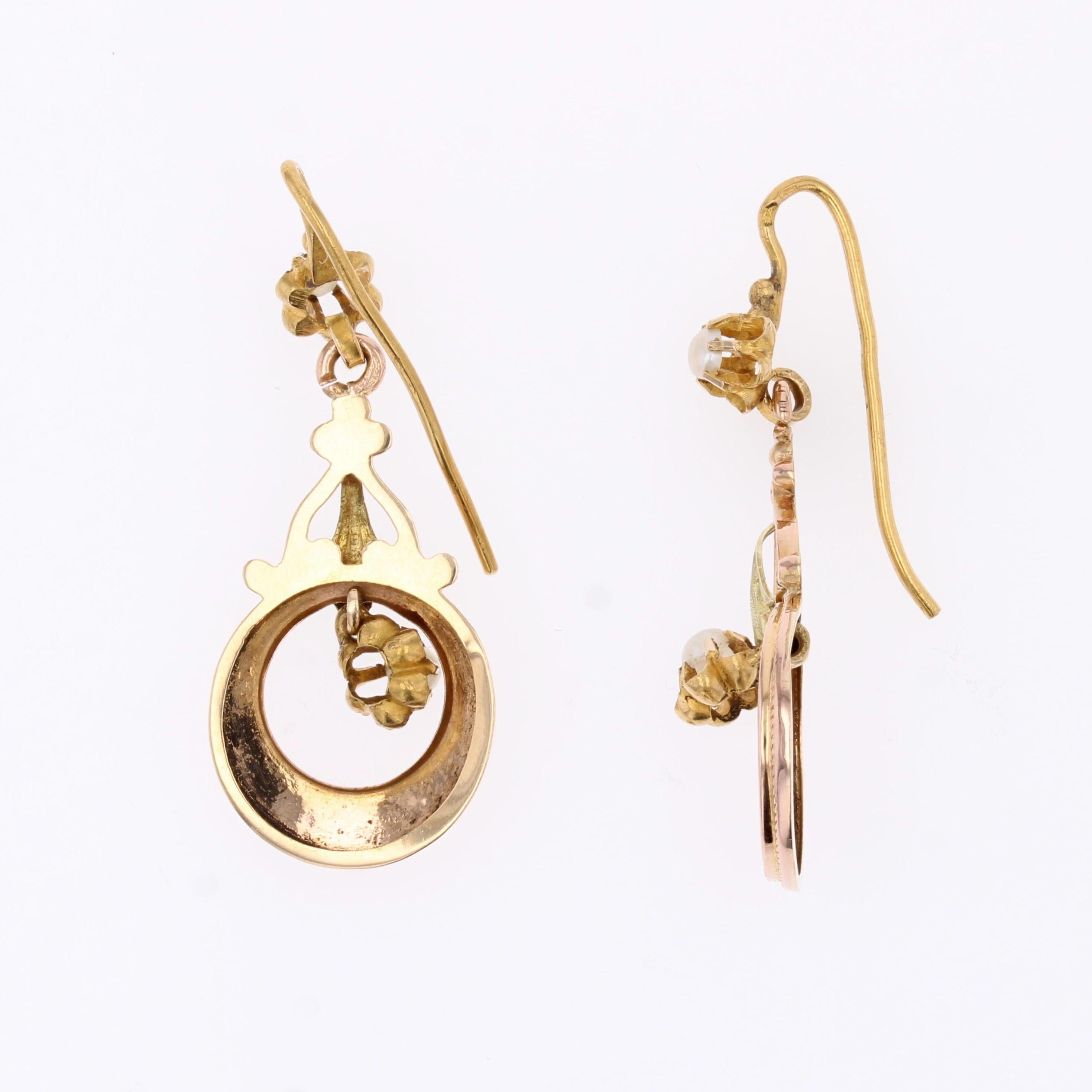 French 19th Century Fine Pearl 18 Karat Rose Green Gold Dangle Earrings in vendita 4