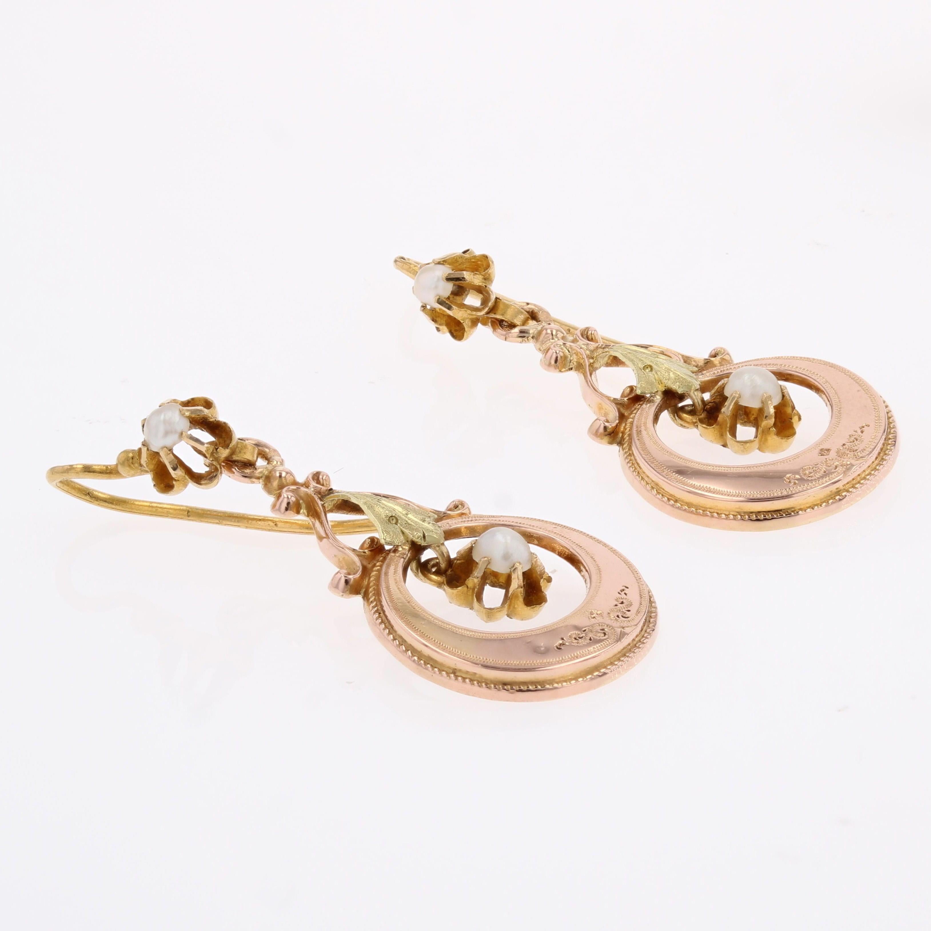 French 19th Century Fine Pearl 18 Karat Rose Green Gold Dangle Earrings in vendita 3