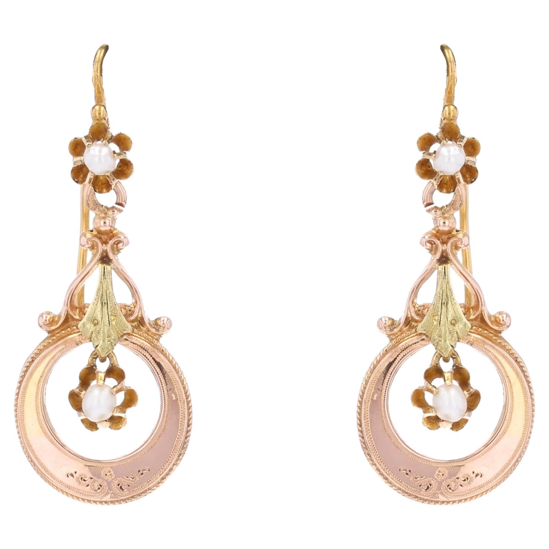 French 19th Century Fine Pearl 18 Karat Rose Green Gold Dangle Earrings