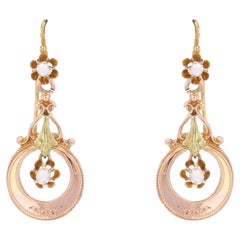 French 19th Century Fine Pearl 18 Karat Rose Green Gold Dangle Earrings
