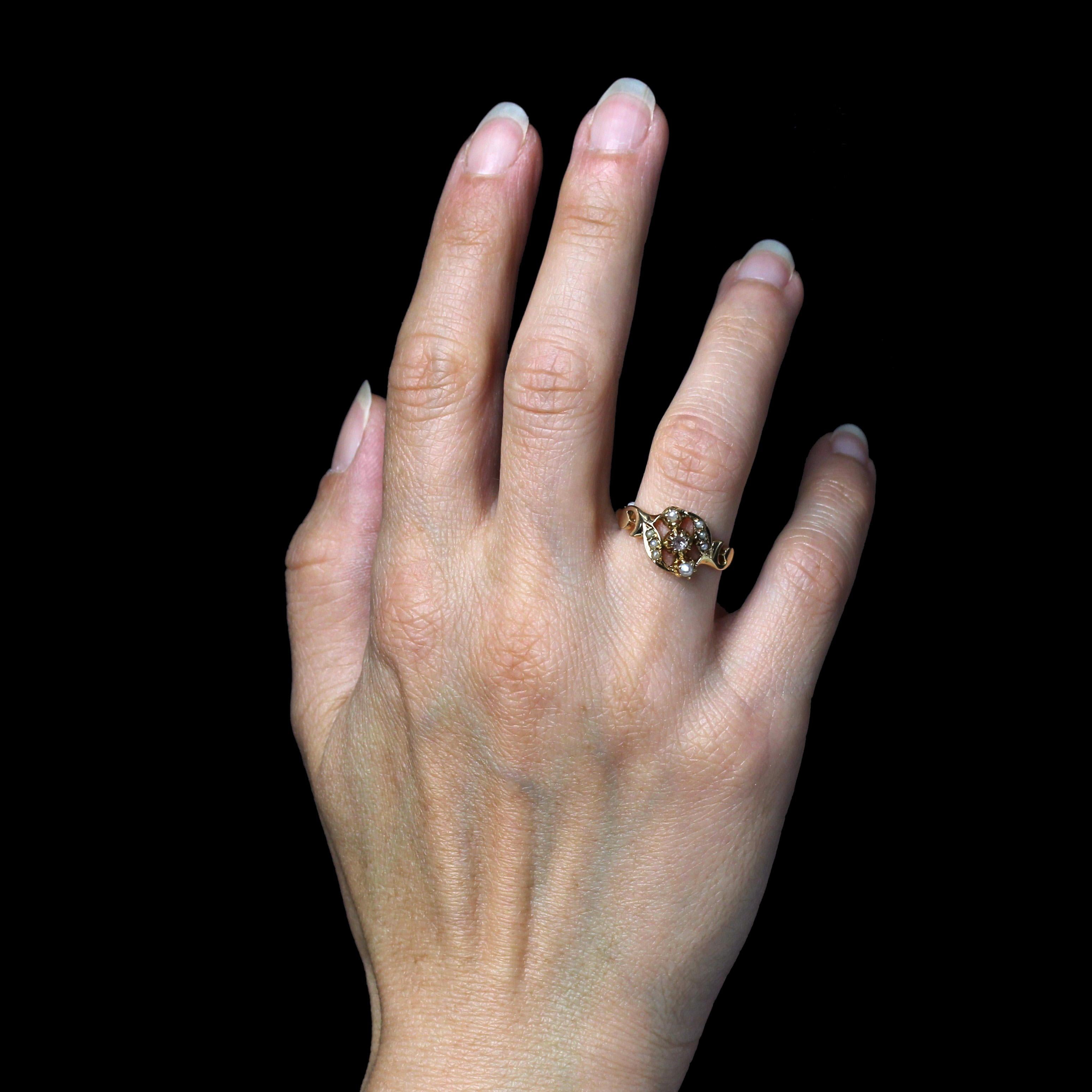 Rose Cut French 19th Century Fine Pearl Diamonds 18 Karat Rose Gold Ring For Sale