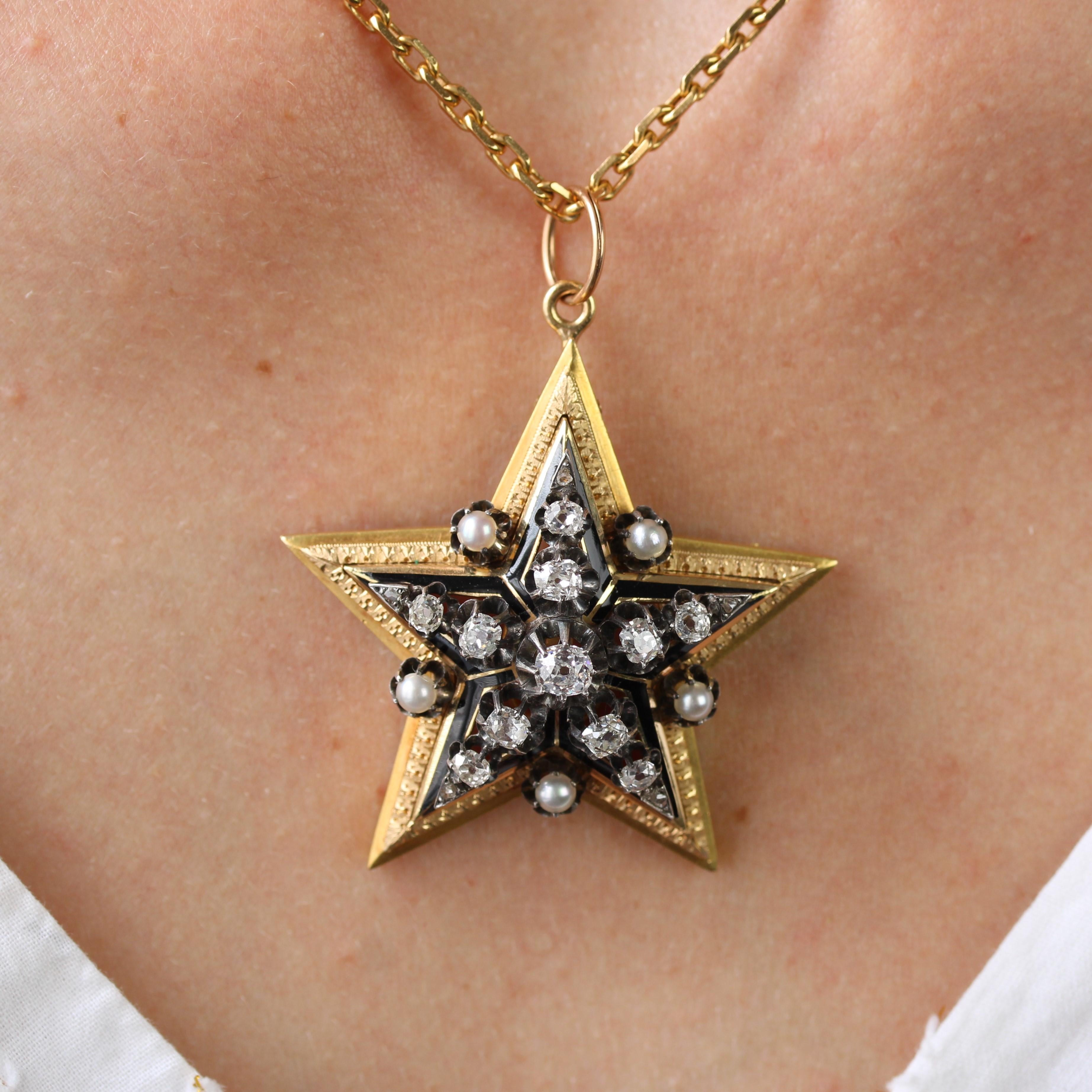 Französische Stern-Anhänger-Brosche aus 18 Karat Gelbgold mit feinen Perlen und Diamanten aus dem 19. Jahrhundert im Angebot 5