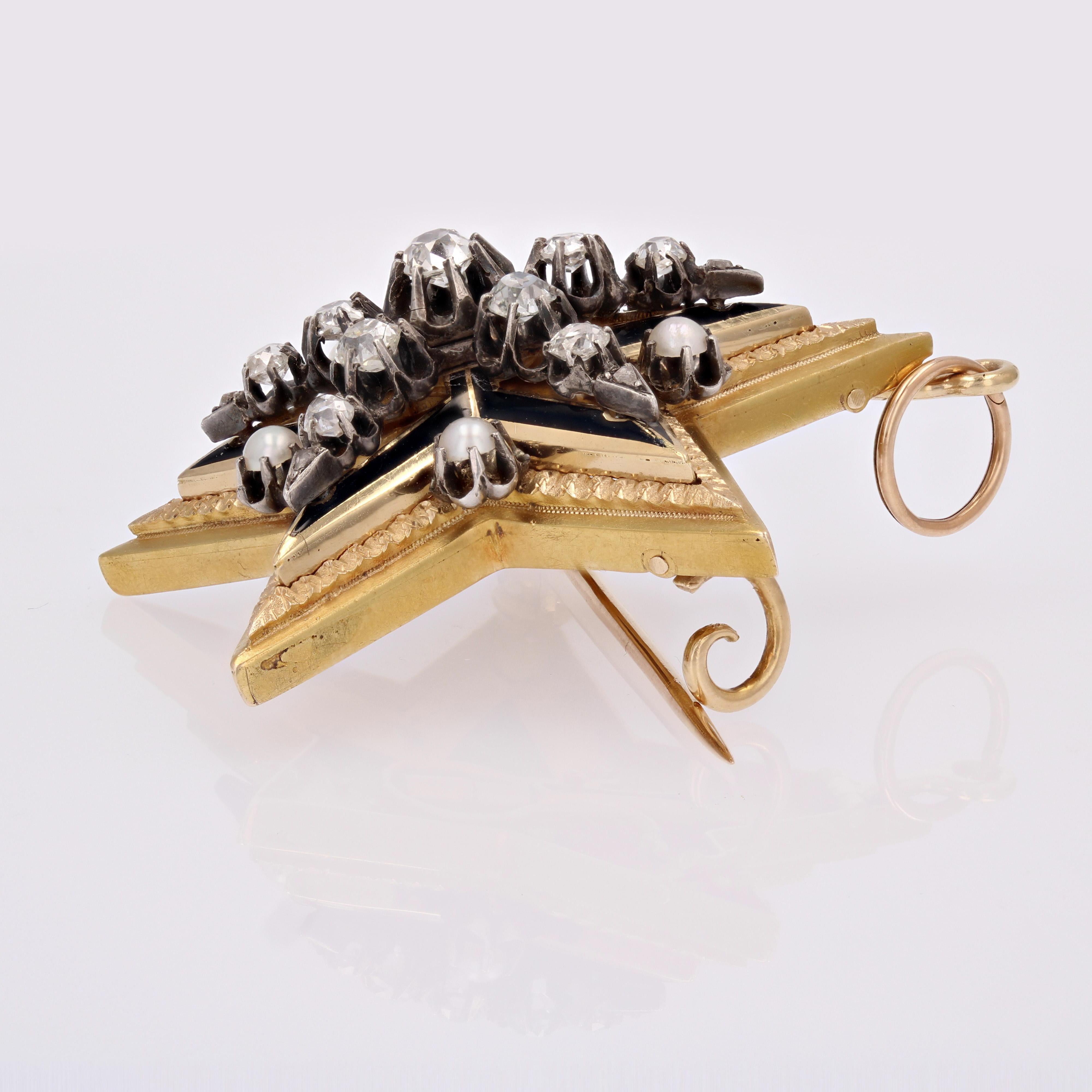 Französische Stern-Anhänger-Brosche aus 18 Karat Gelbgold mit feinen Perlen und Diamanten aus dem 19. Jahrhundert im Angebot 9
