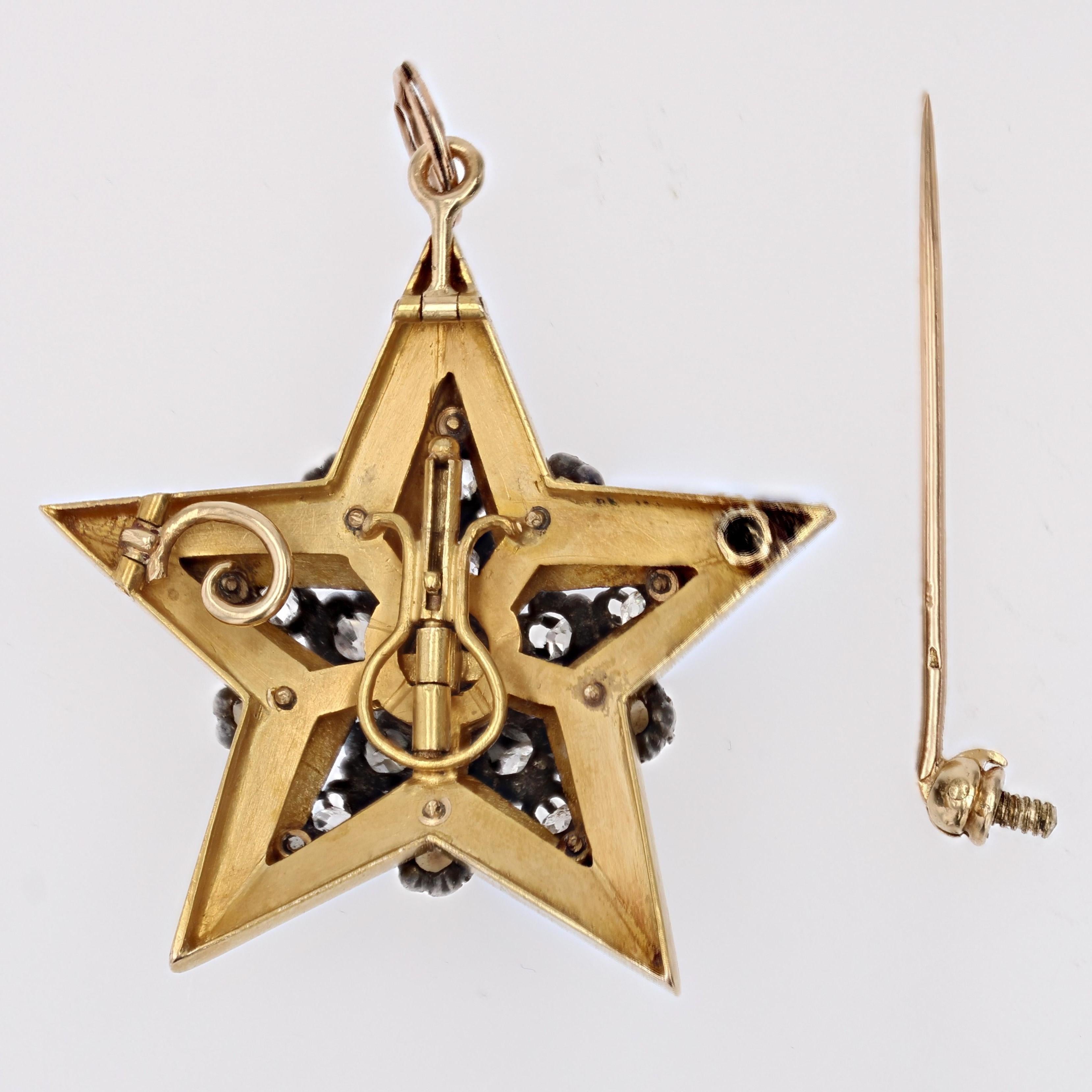 Französische Stern-Anhänger-Brosche aus 18 Karat Gelbgold mit feinen Perlen und Diamanten aus dem 19. Jahrhundert im Angebot 10