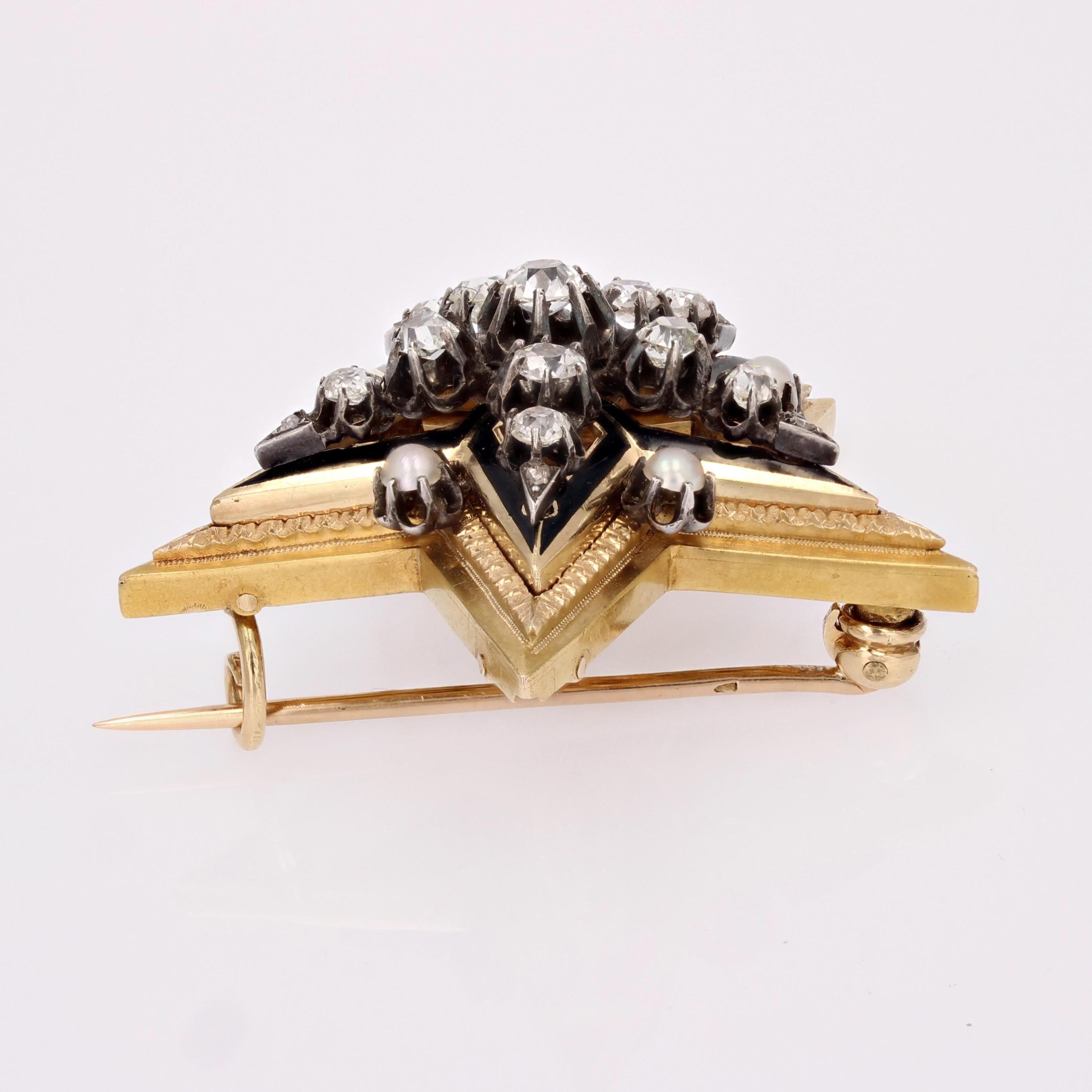 Französische Stern-Anhänger-Brosche aus 18 Karat Gelbgold mit feinen Perlen und Diamanten aus dem 19. Jahrhundert im Angebot 11