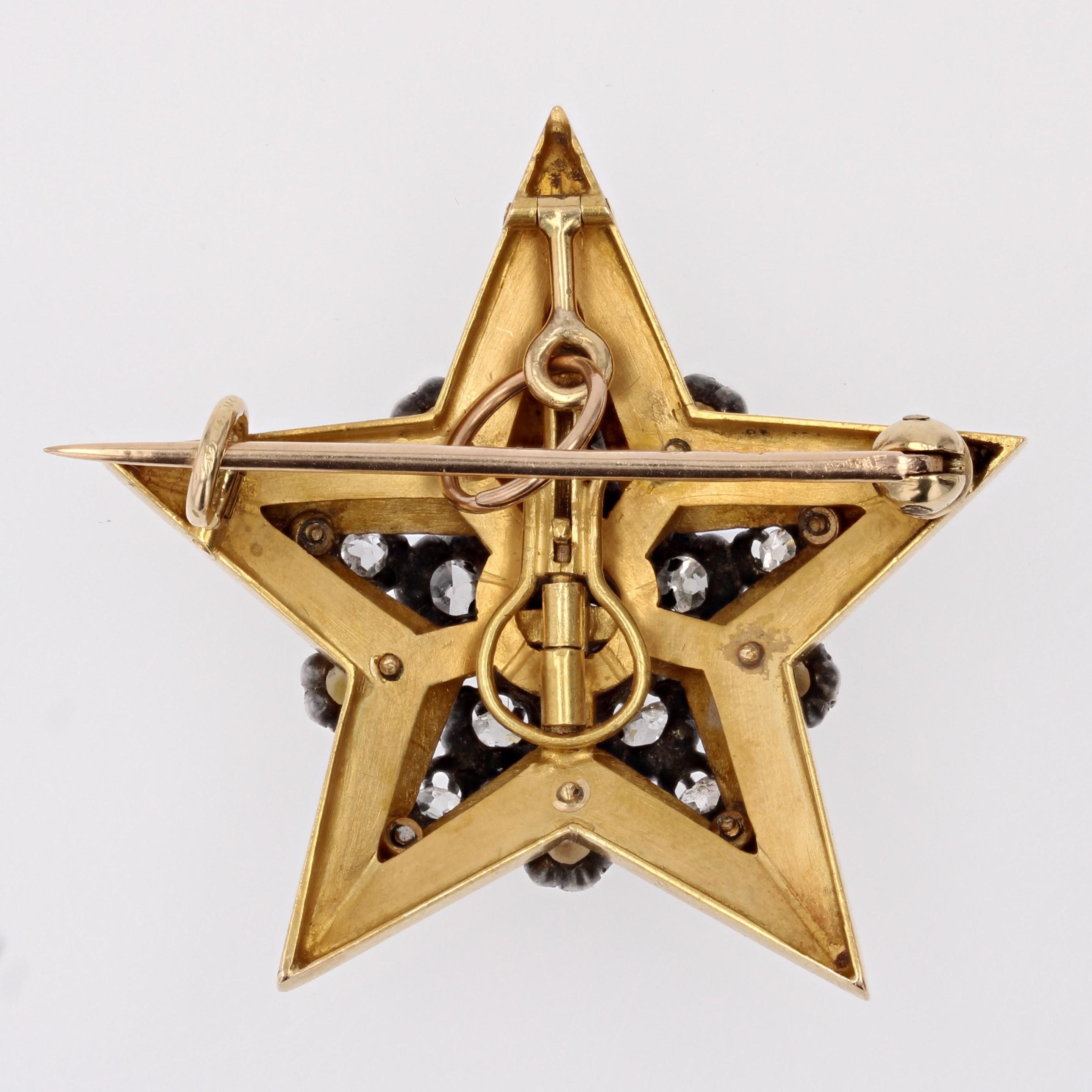 Französische Stern-Anhänger-Brosche aus 18 Karat Gelbgold mit feinen Perlen und Diamanten aus dem 19. Jahrhundert im Angebot 12