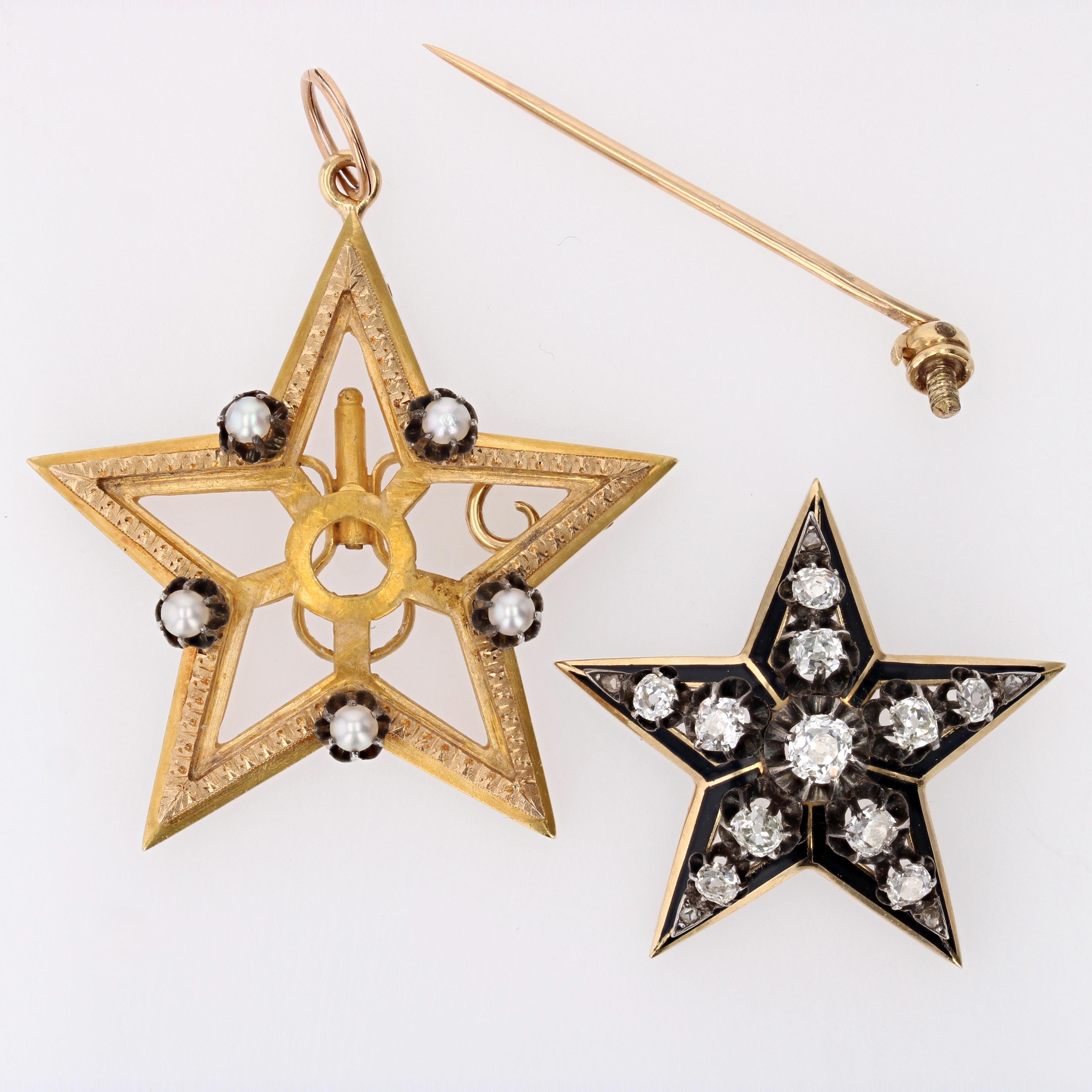 Französische Stern-Anhänger-Brosche aus 18 Karat Gelbgold mit feinen Perlen und Diamanten aus dem 19. Jahrhundert (Napoleon III.) im Angebot